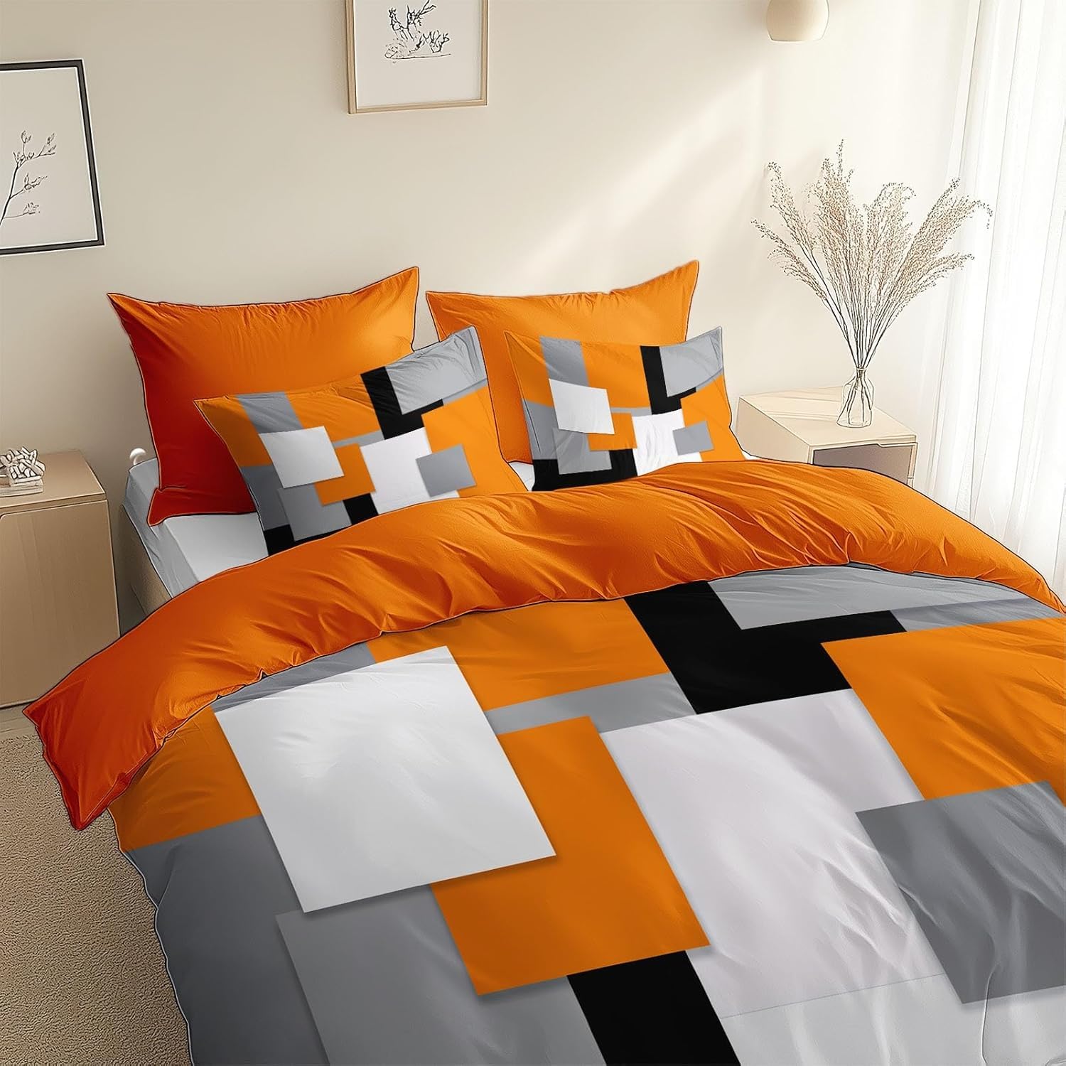 Funda Nordica Cama 135/150 Naranja - Ropa de Cama Microfibra Suave, Funda Nórdica Blanco y Negro Funda Edredon 220x240 cm y 2 Funda de Almohada 50x75 cm, 3D Funda de Edredón q2560