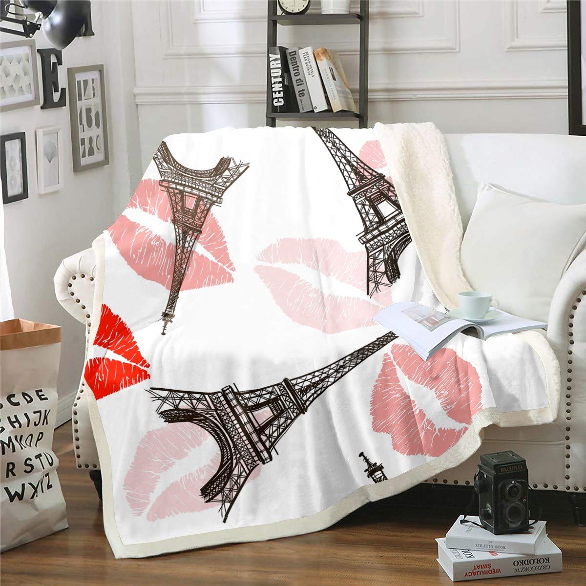 Loussiesd Paris Fleece Throw Blanket - Eiffel Tower Sexy Lip Print Sherpa for Girls Women - Paris Cityscape Plush Chic Theme Fuzzy for Sofa Bed Couch - Single 50x60 Inch — image 1