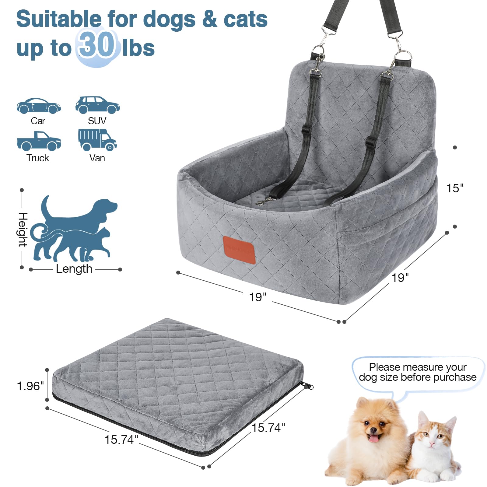 Dog Car Seat for Small Dogs Under 30lbs,Comfy & Safe Travel Bed with Washable Cover,2 Clip-On Safety Leashes and Pockets,Anti-Slip Base,Easy to Install(Grey) - image 3