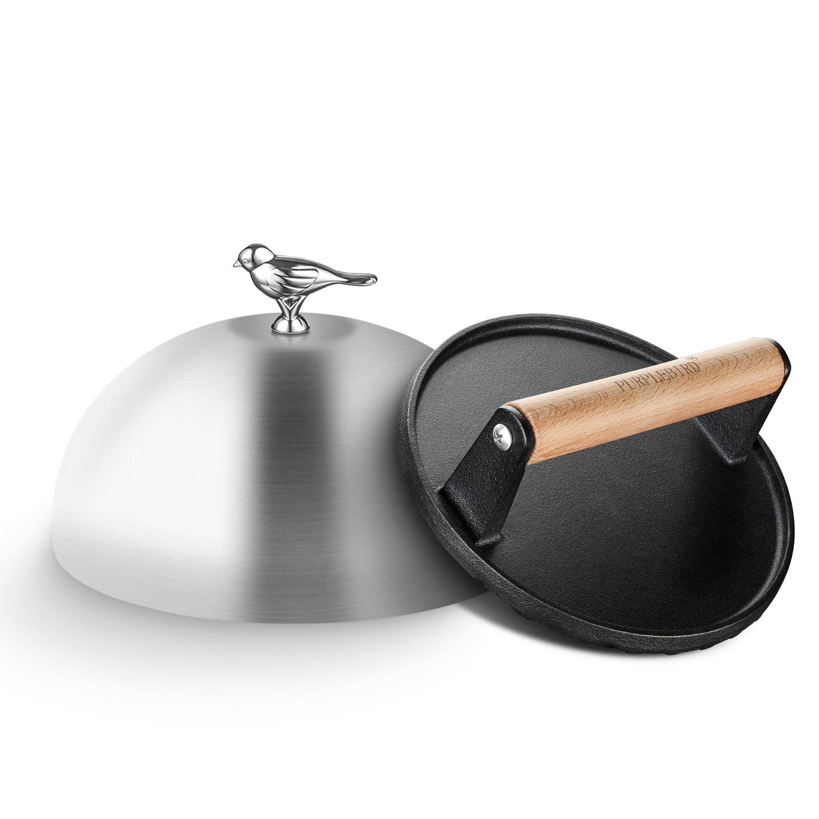 PURPLEBIRD Burgerglocke & Burger Smasher Set, Edelstahl Burgerglocke (Ø 20cm) mit Schwerlast Gusseisen Burgerpresse (Ø 17.7cm), Zweiteiliges Burgerpresse Set für Gasgrills, Teppanyaki, Feuerplatte