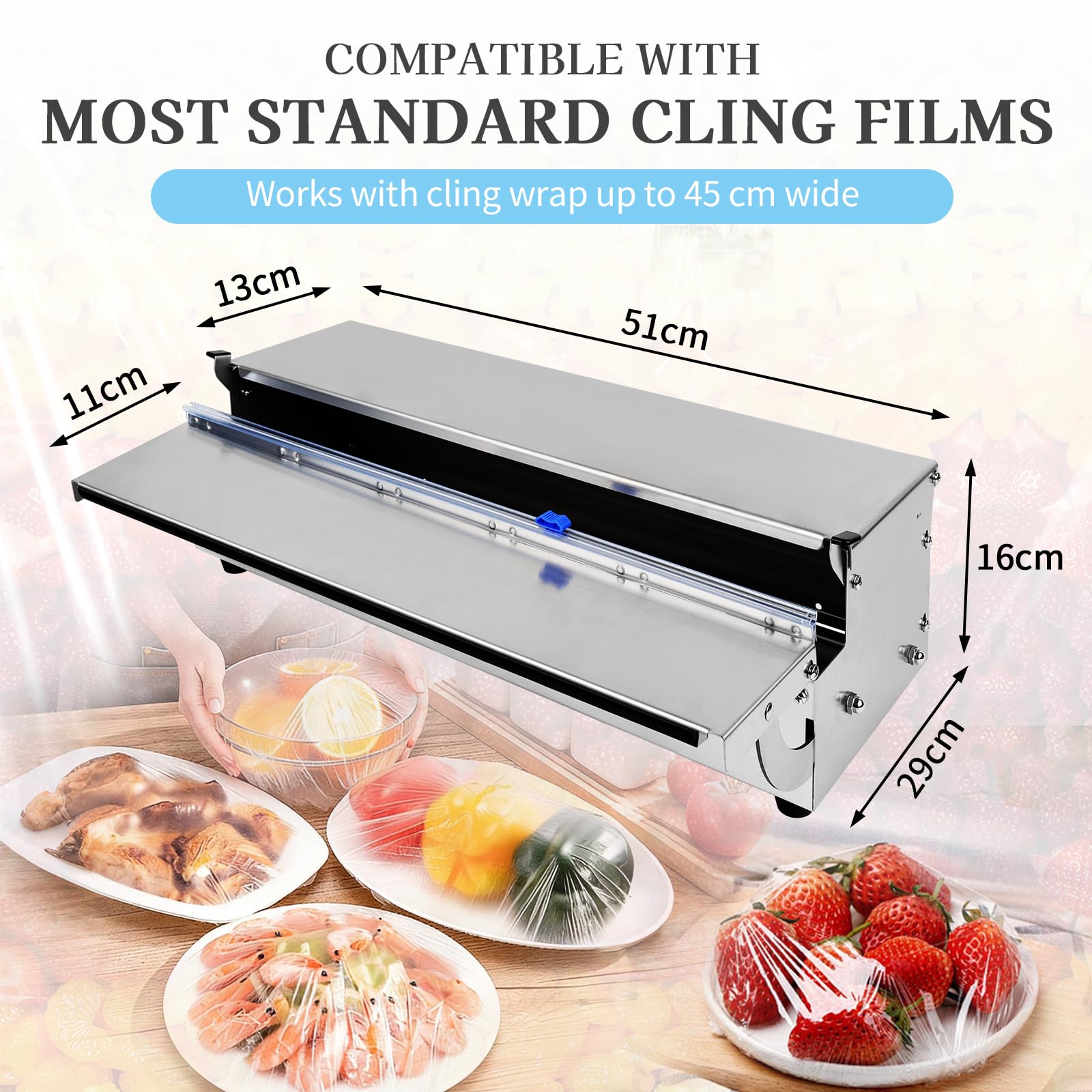 Edelstahl Folienspender für Frischhaltefolie & Alufolie, 45cm Frischhaltefolienspender, Plastic Wrap Dispenser mit Cutter, Hygienisch Staubdicht, Faltbar mit 2 Ersatzklingen