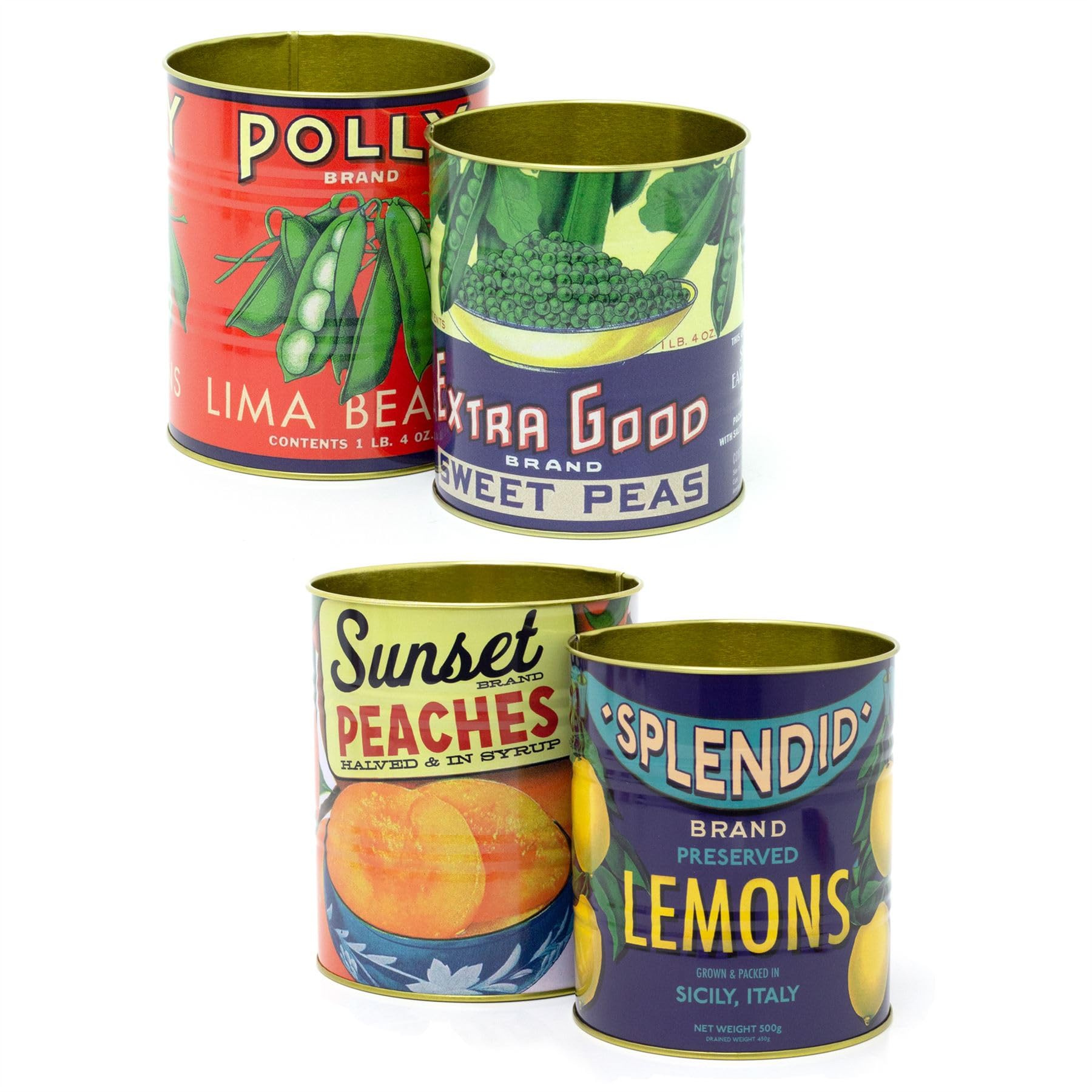 Carousel Home Set Of 4 Retro Style Vintage Fruit & Peas Storage Tins | 4 Piece Replica Food Tins Decorative Tinned Cans | Metal Storage Tins
