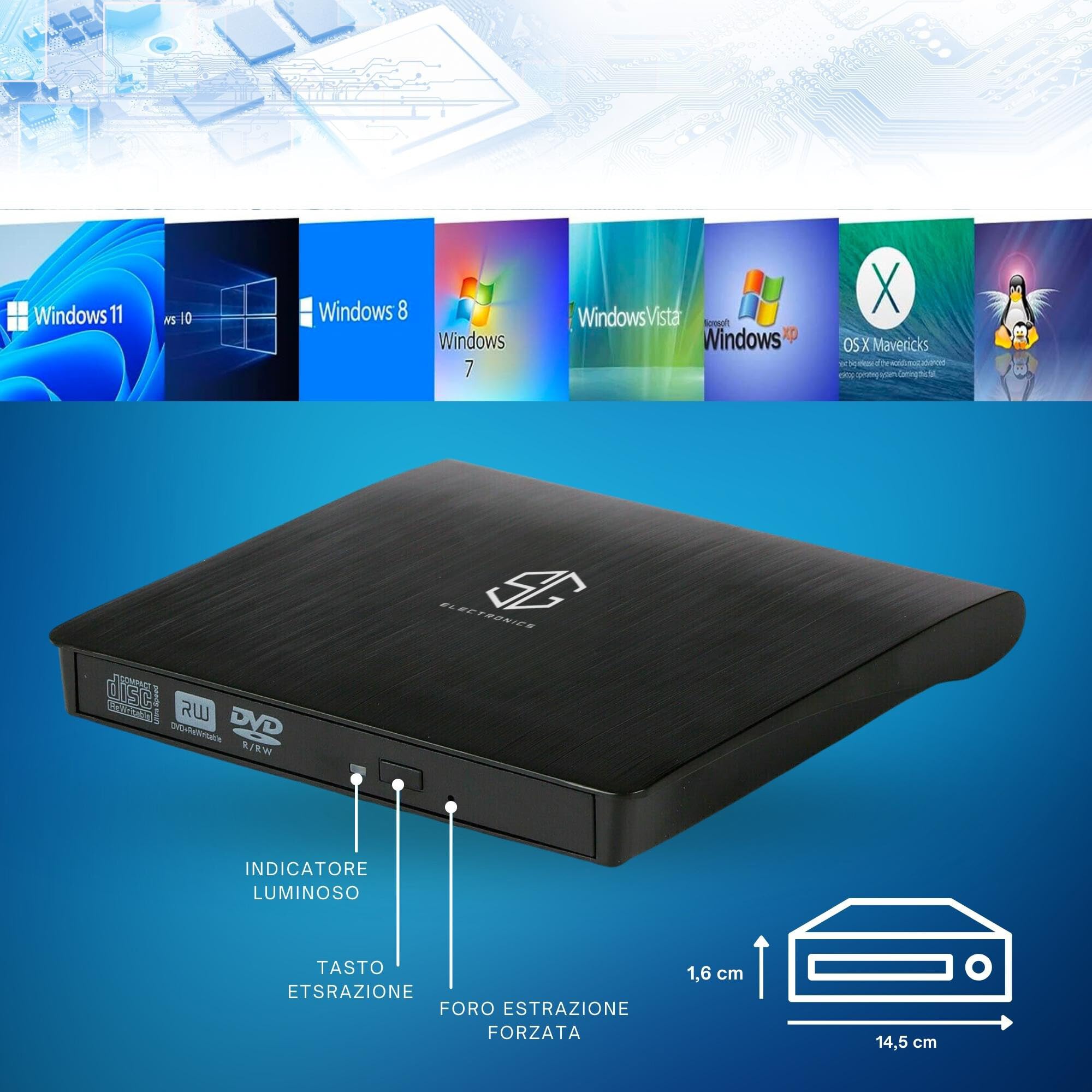 SG, Lettore CD DVD Esterno Portatile, Masterizzatore DVD Esterno, Lettore CD Esterno per Pc Portatile e Desktop Tower, Disco Esterno Ultra Slim USB 3.0, compatibile con Windows, Linux e Mac OS