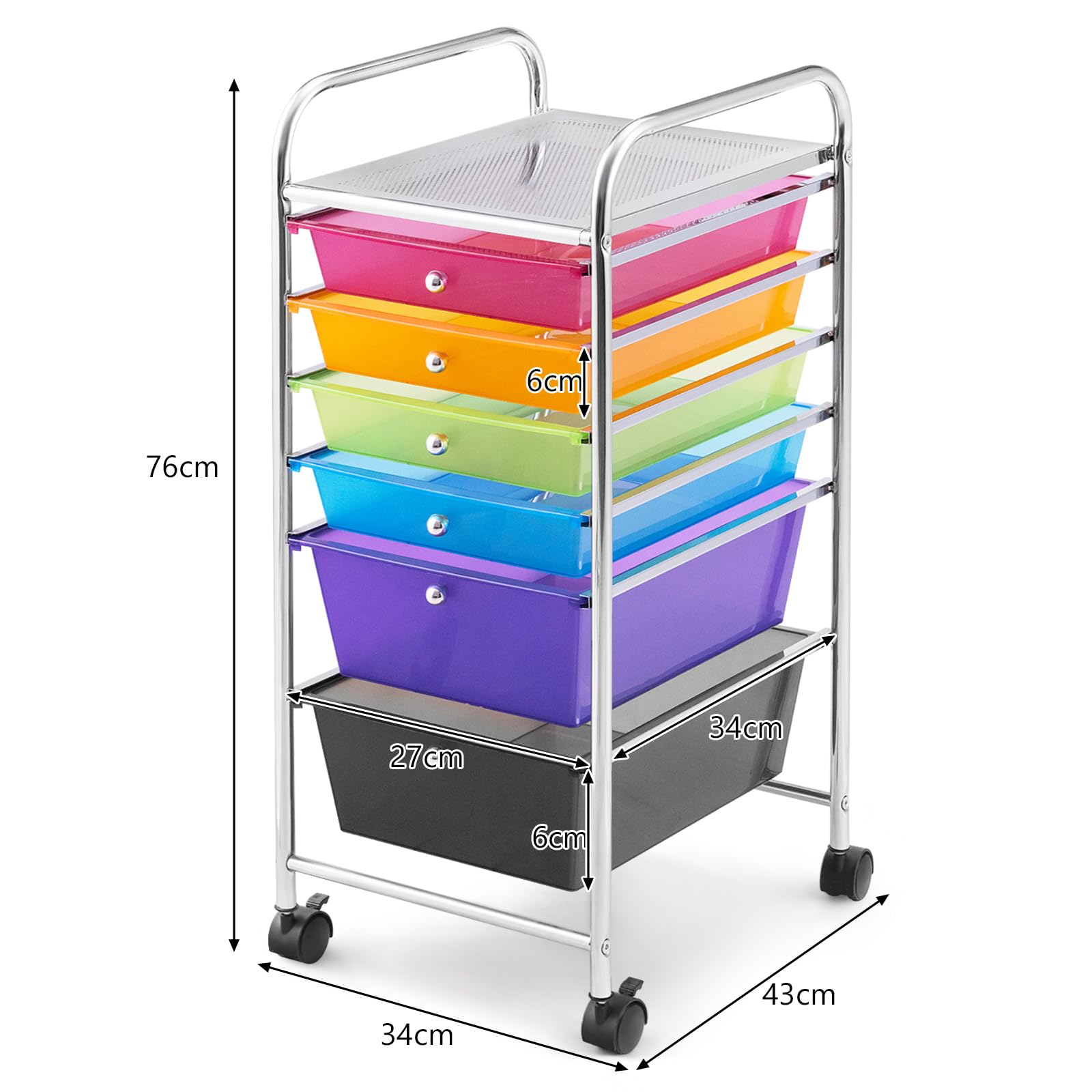 GIANTEX Carrello con 6 Cassetti, Portaoggetti Multistrato, Carrello da Stoccaggio a 6 Ripiani, Contenitore con Ruote, Scaffale Mobile Salvaspazio, 32x37x74 cm, Colorato
