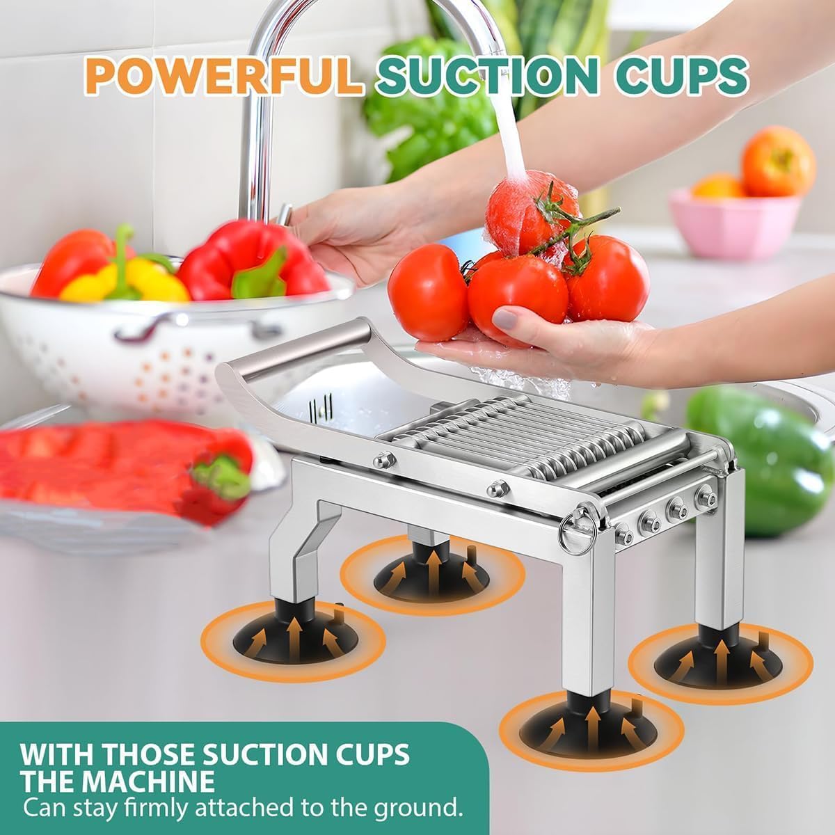 Cortador de tomate profesional: rebanadas uniformes de 10 mm, hoja de acero inoxidable y base de succión antideslizante. Ideal para uso en restaurantes y cocinas domésticas.