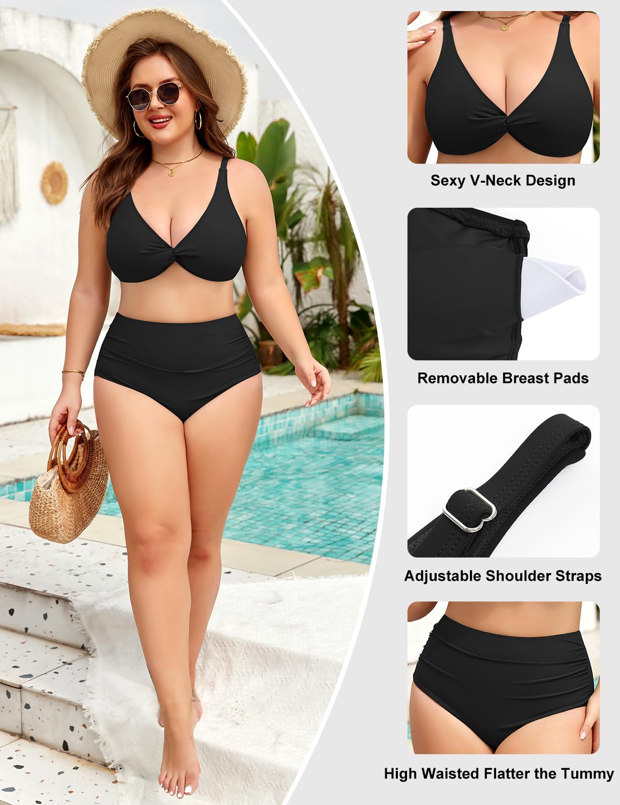 Costume Donna Due Pezzi Taglie Forti Vita Alta Costumi da Bagno Curvy Controllo Addominale Sexy Scollo a V Push Up Bikini L-4XL