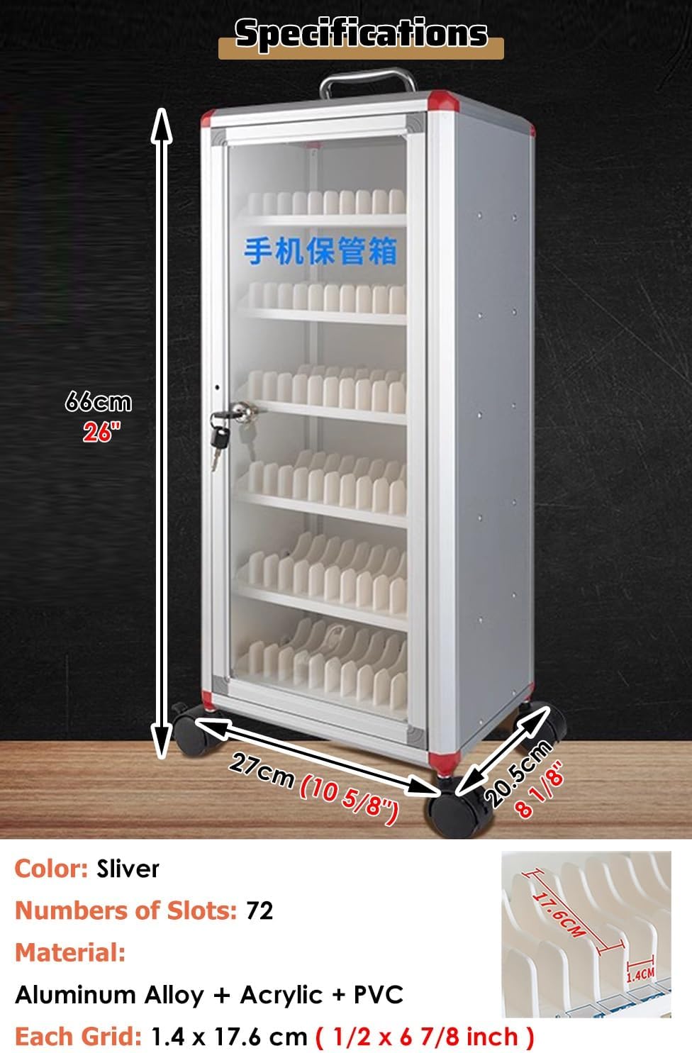 Mobile Phone Storage Box Transparent Acrylic Mobile Phone Security Locker with Key,Metal Mobile Phone Locker with Wheels – 72 Slot Storage Cubbies for Classroom, Workshop & Meetings – Large