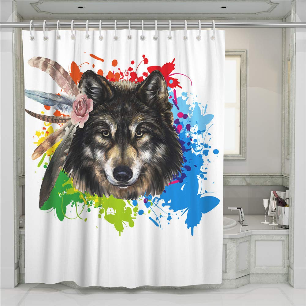Wolf Traumfänger Duschvorhang Set 183x183 Cm – Wasserdicht Mit 12 Haken, Blaugrün-Braun-Grau