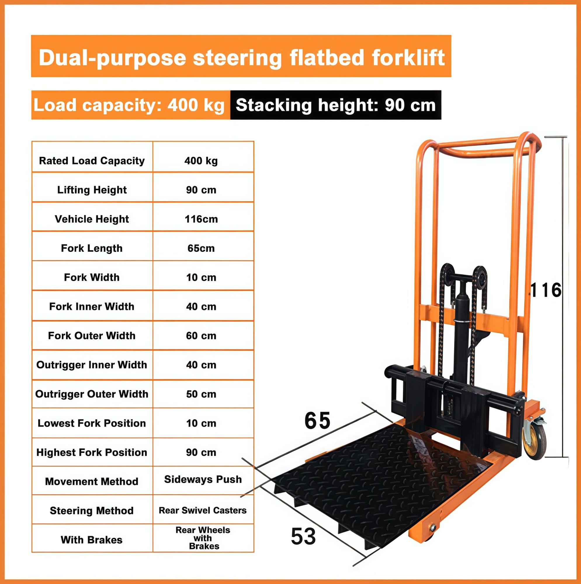 Sollevatore Idraulico Per Materiali, Transpallet Manuale Con Capacità Di 400 Kg, Pianale Piatto Rimovibile In Acciaio(Flatbed and Forklift,400kg)