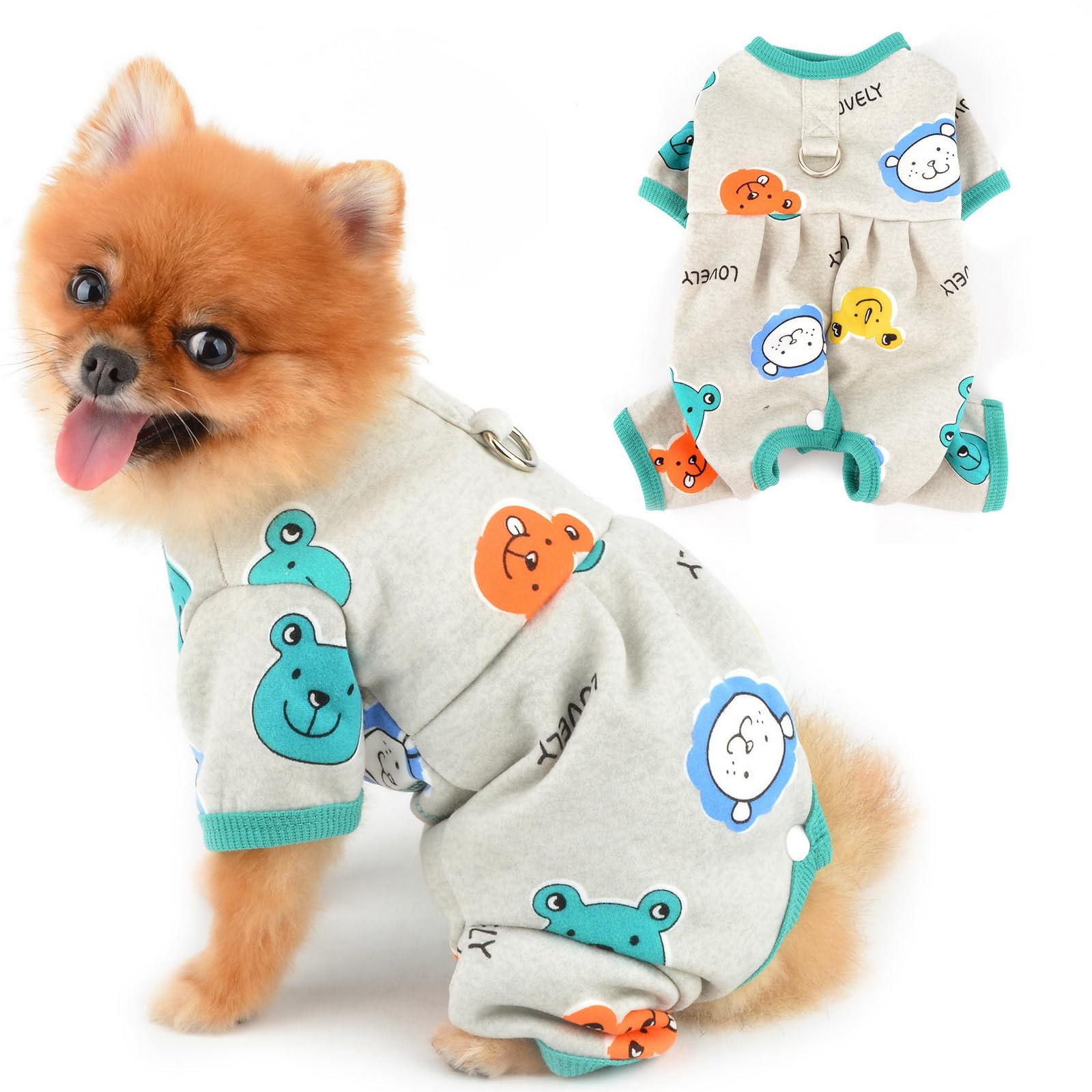PAIDEFUL Small Dog Fleece Pajamas Pjs Stretchy Soft Doggie Pyjamas with Cute Bear Pet Jumpsuit Puppy Autumn Winter Outfits Warm Chihuahua Clothes Cats Costume D-ring,Gray,L