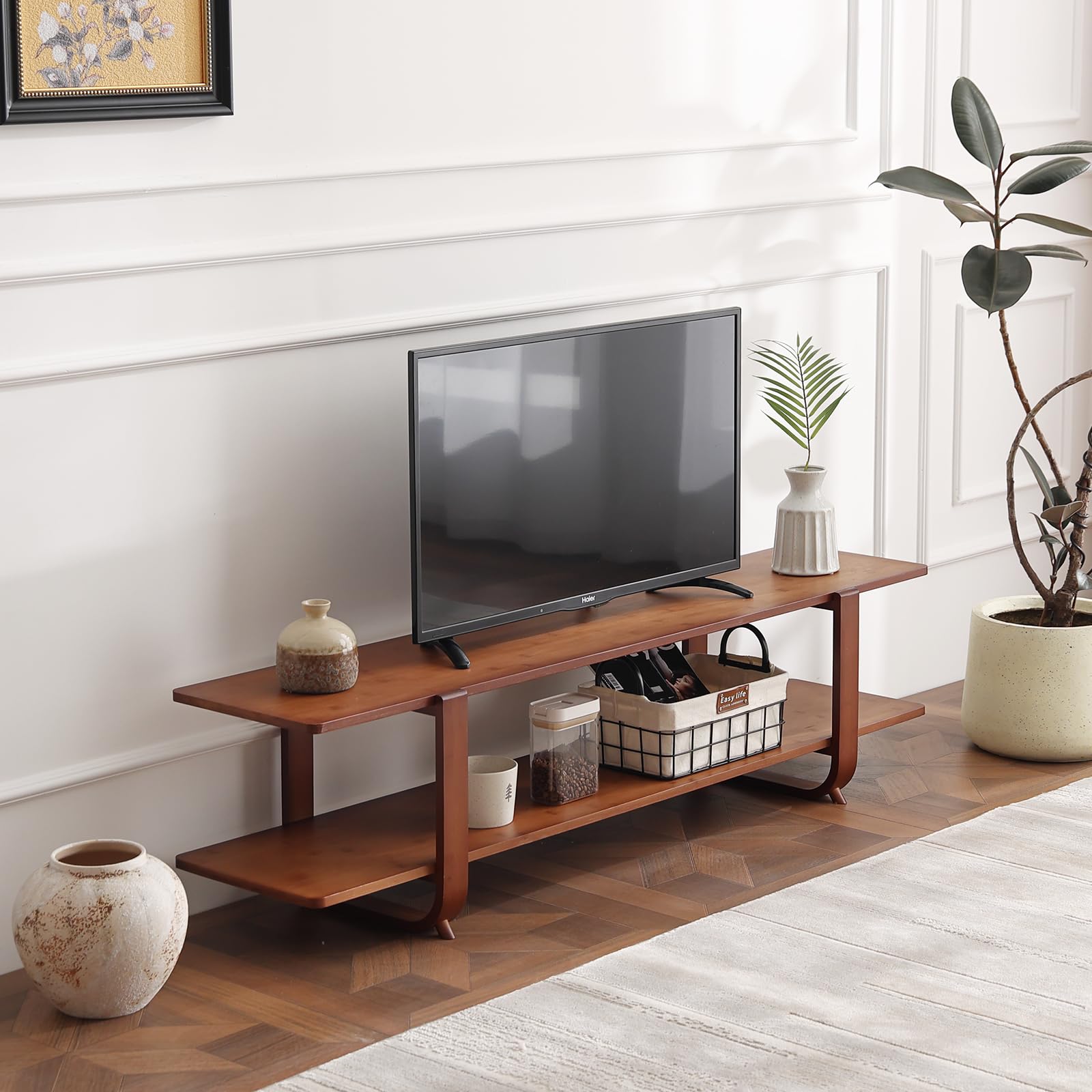 Soporte de TV de bambú para hasta 65 pulgadas, centro de entretenimiento moderno de mediados de siglo con estantes abiertos de 2 niveles, mesa consola de almacenamiento para sala de estar,
