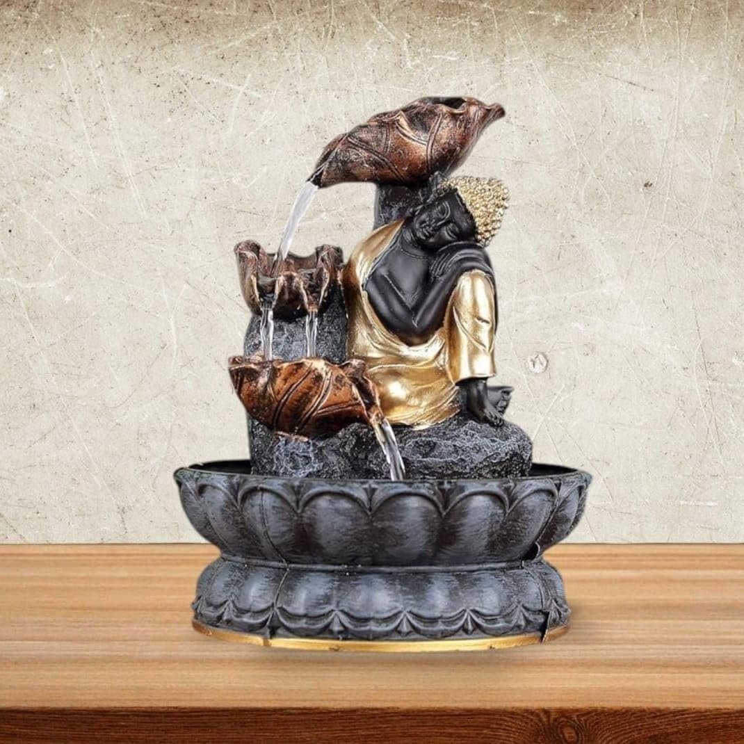 Reclining Buddha Lotus Tabletop Water Fountain, Resin | 3-Tier Cascading Flow, Lotus Base Design, Black & Gold Finish, Indoor Home Decor, Zen Meditation Decor-image-36