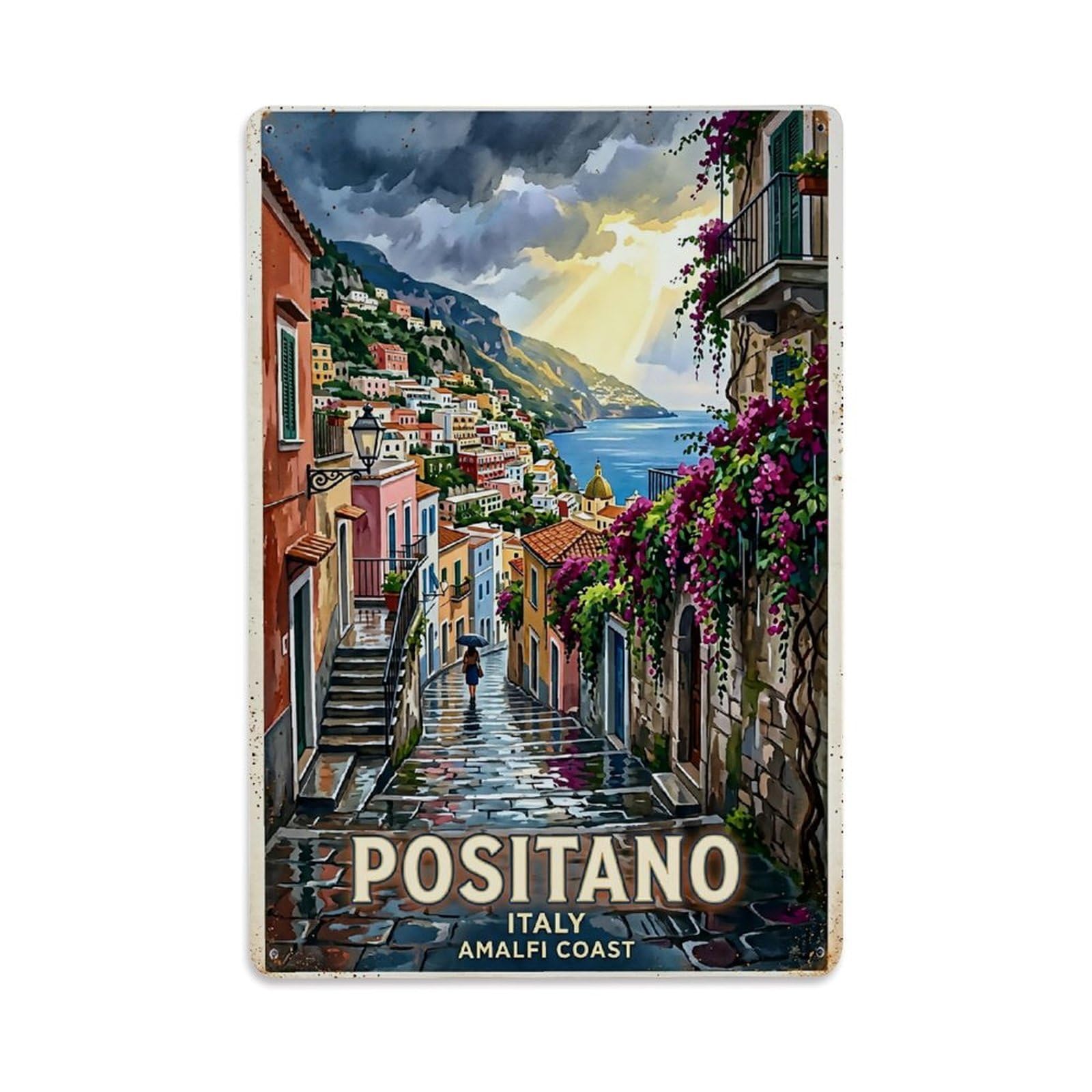 Huiyhb 8X12inch(20X30cm) Vintage Travel Positano Italy Rainy Lane Reflections Metal Tin Sign