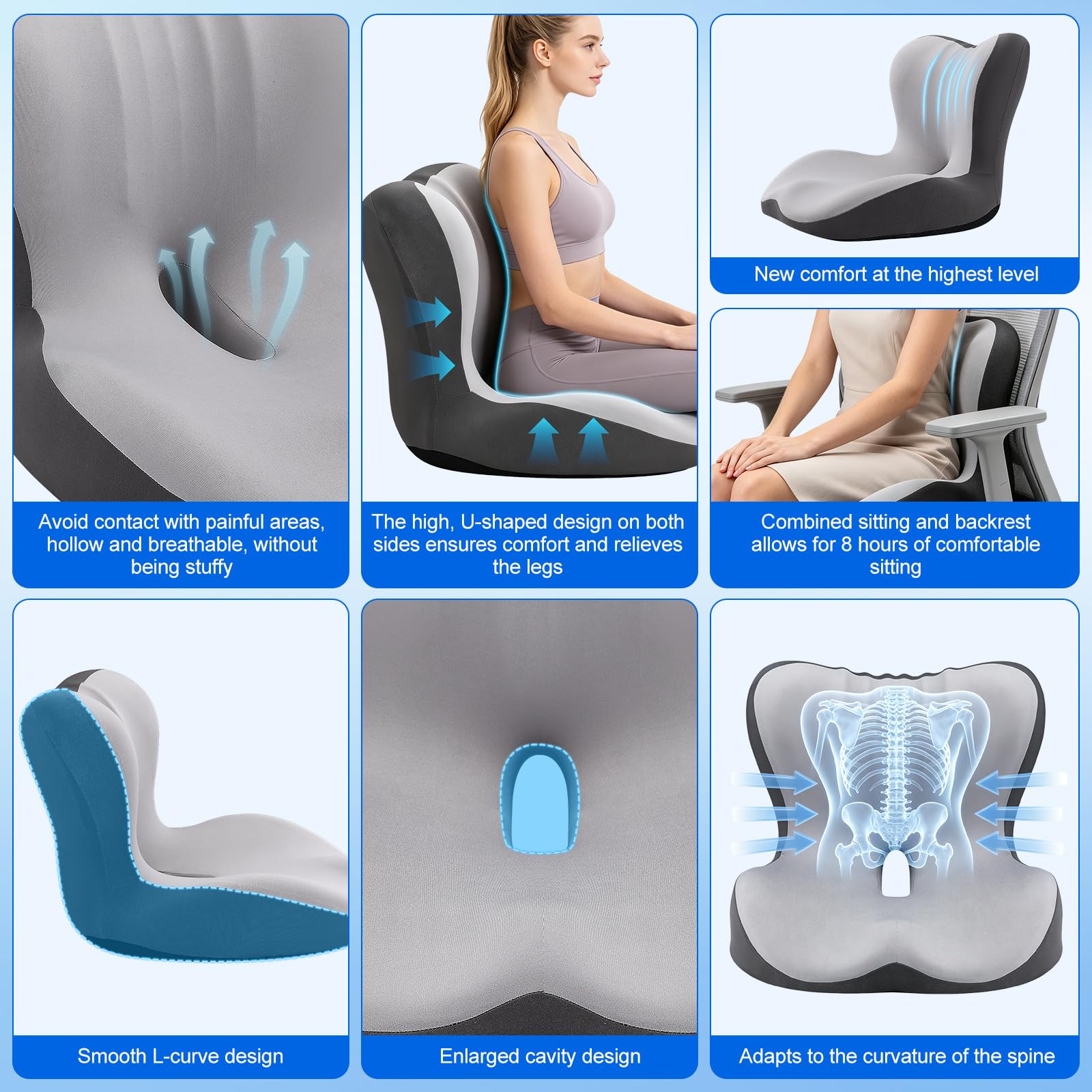 Cojín ortopédico con respaldo de espuma viscoelástica, cojín ergonómico de apoyo para la espalda, cojín para coxis con cavidad para silla de oficina, asiento de coche y silla de ruedas