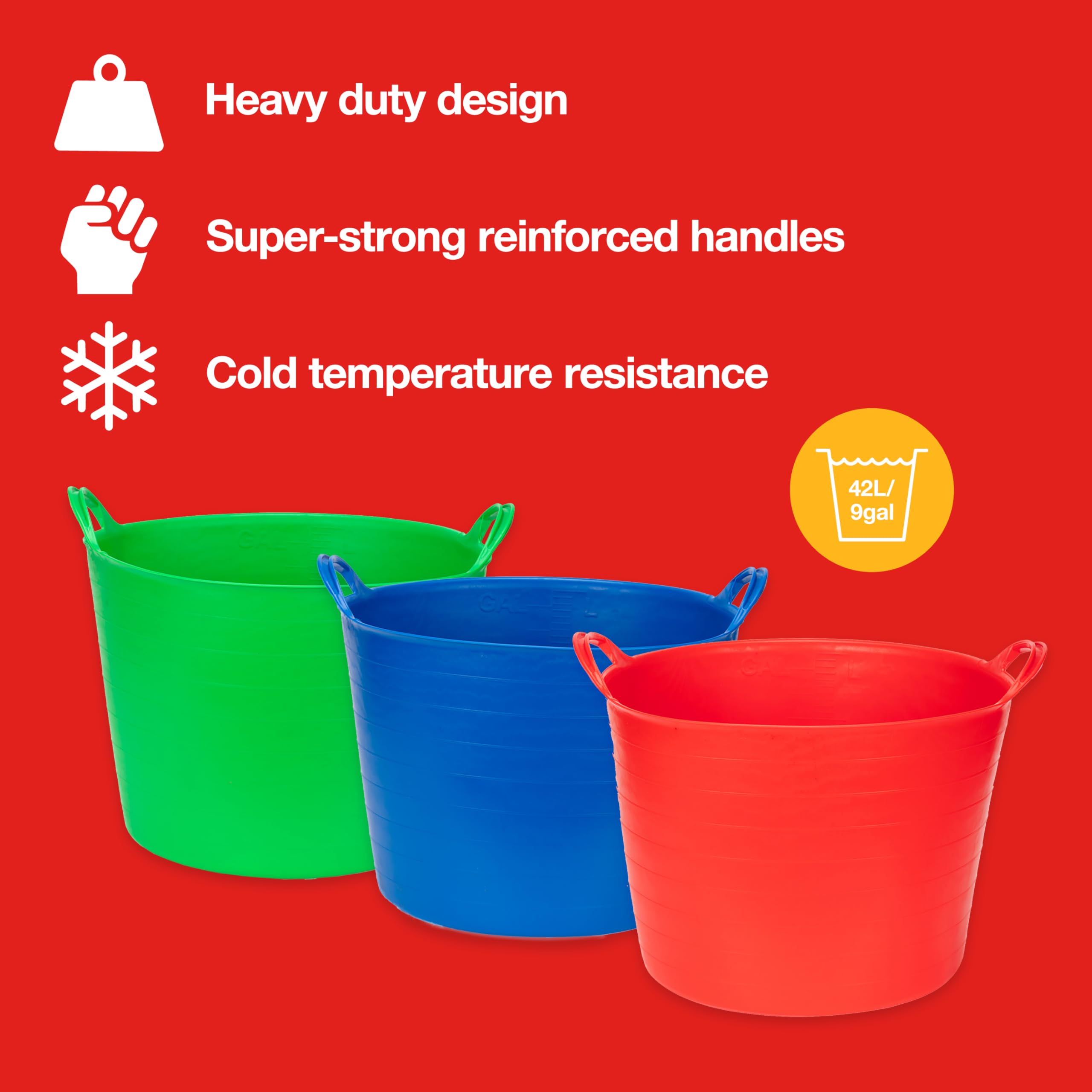 Amtech - Paquete de 3 tinas Flexibles para Transportar Agua, Tierra, Ladrillos, alimentación de Animales y más, Asas reforzadas superfuertes, duraderas y duraderas, Resistentes, Resistentes al frío