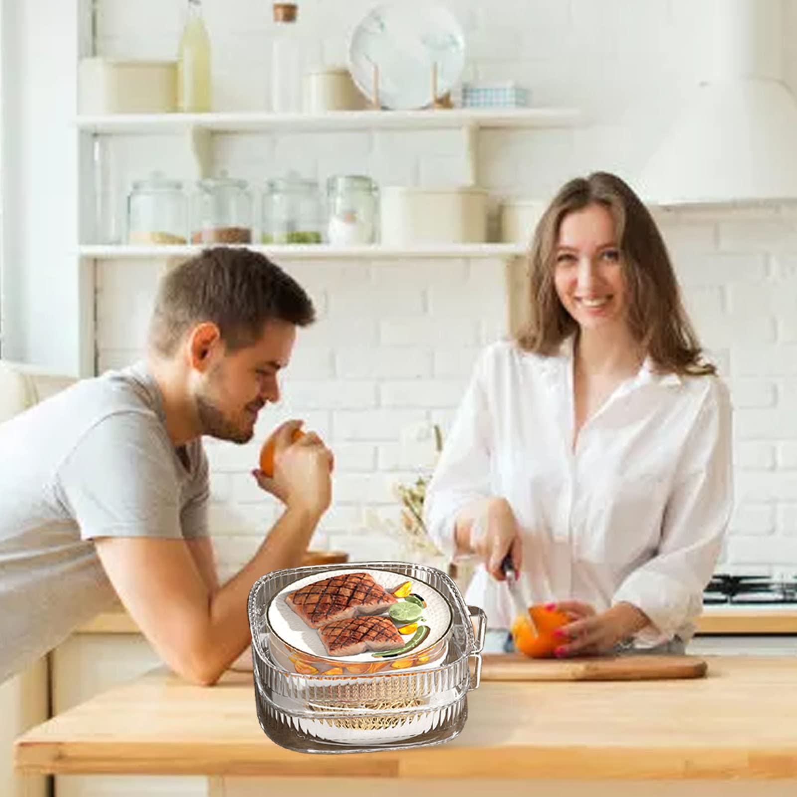 Copripiatto Trasparente Impilabile, Copri-alimenti Isolante per Avanzi di Verdure per Tavolo da, Plastica (2 livelli)