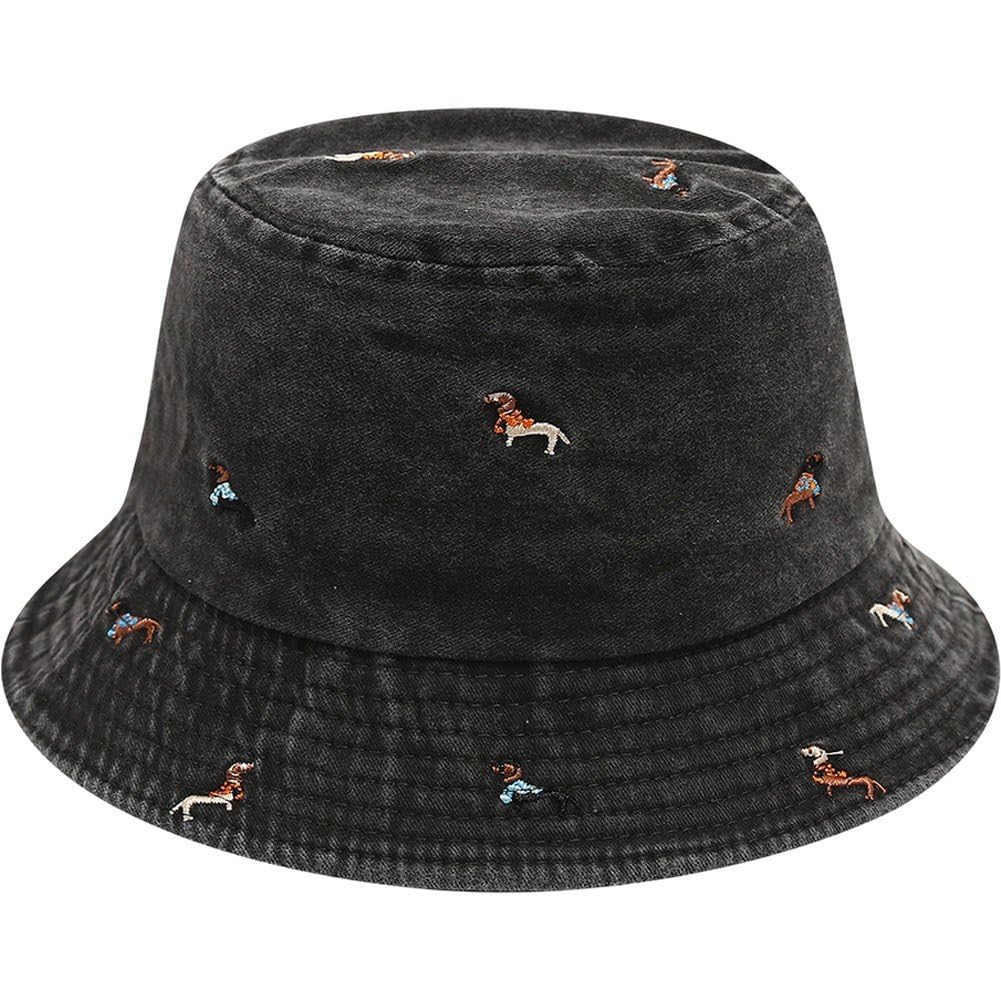 Sslvya Embroidered Dachshund Bucket Hat, Retro Washed Cotton Fisherman Cap Unisex Outdoor Casual Summer Sun Hat