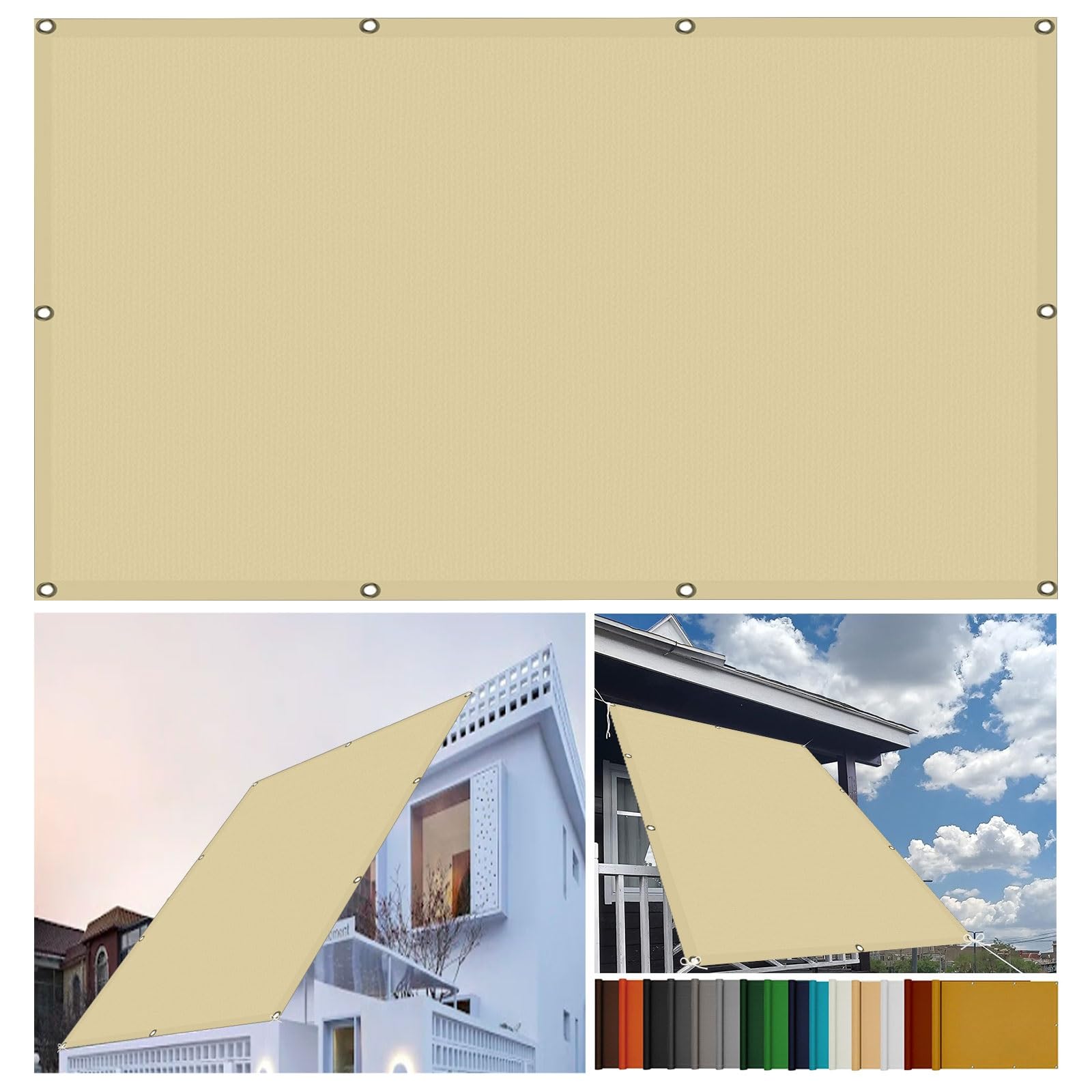 Voile d'ombrage pour camping et terrasse de 1.7 x 5 m couleur crème avec oeillets pratiques