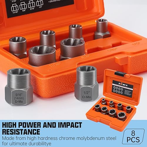 Miniatura 3 de XEWEA Juego de 8 piezas de 38 pulgadas de perno de impacto y extractor de tuercas, herramienta para quitar pernos y tuercas pelados, dañados,