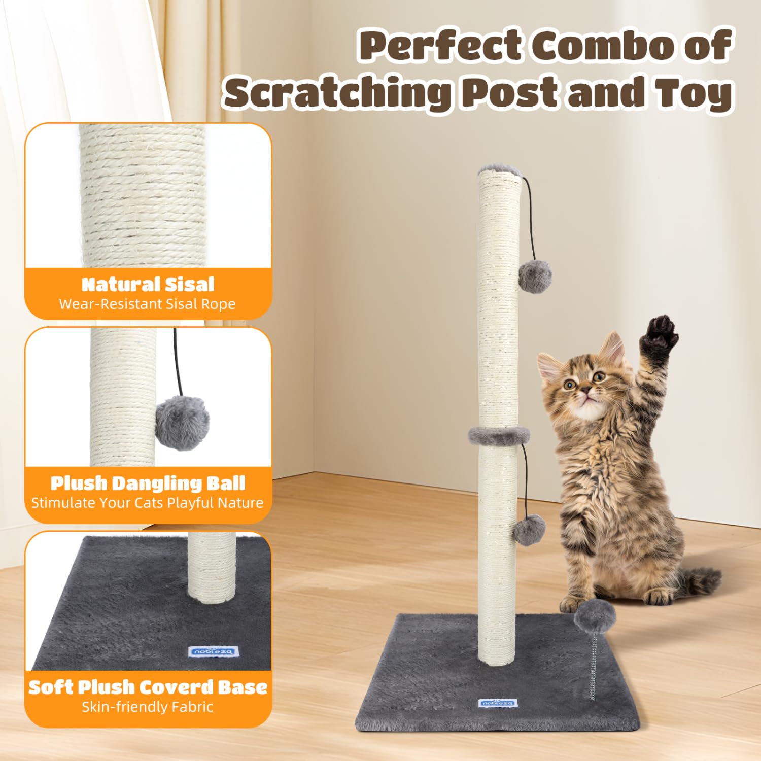 Nobleza Rascador para Gatos, Altura 80 cm, Poste de Rascador para Gatos Medianos y Grandes, Cat Tree con Bola de Juguete Colgante y Pompón de Muelle (Gris)