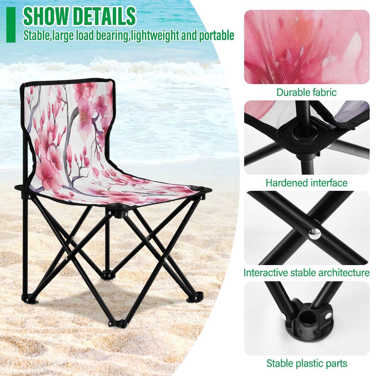 Sedia da campeggio pieghevole con fiori di ciliegio rosa per adulti e bambini, sedia pieghevole leggera adatta per esterni. Sedie per spiaggia, prato, campeggio, pesca e giardino