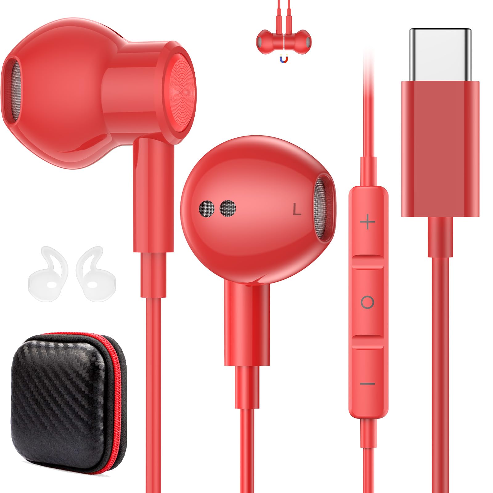 Auriculares USB C con cable para iPhone 17 16 Pro Max 17e/Samsung S26 S25 Ultra S24 A17 A37, auriculares magnéticos tipo C, auriculares estéreo con cable C con micrófono para Apple/iPad Pro 11 10 A16
