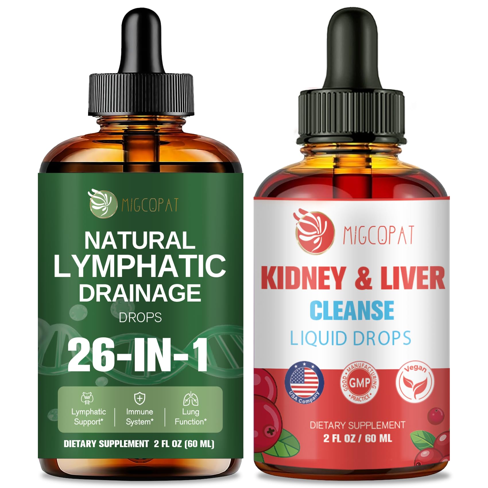 Migcopat 26-in-1 Lymphatic Drainage Drops + Kidney and Liver Drops with Cranberry, Milk Thistle, Artichoke, Astragalus, Horsetail, 60ml