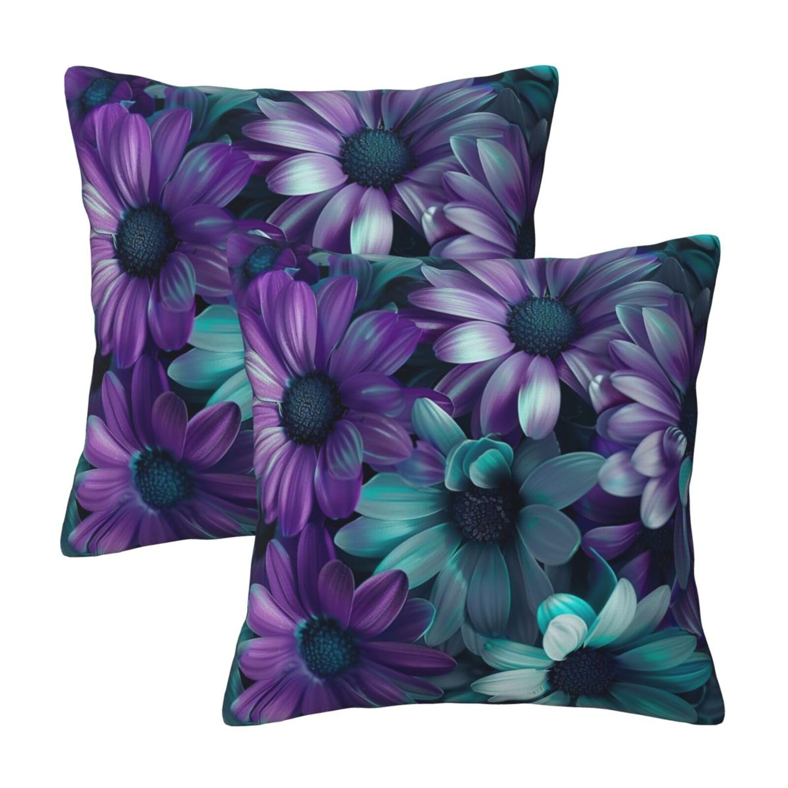 purple and teal flowers Throw Pillow Cases 2 Pack Square Pillowcases Soft Pillow Protectors for Couch Livingroom Sofa Bed Office Car,50x50 CM