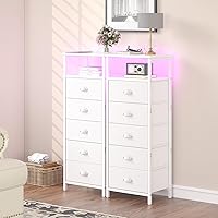 Vista 6 de Nightstand with Charging Station,LED White Nightstands with 5 Fabric Drawers PU Finish, Bedside End Tables, 2-Tier Open Storage Shelf Side Table