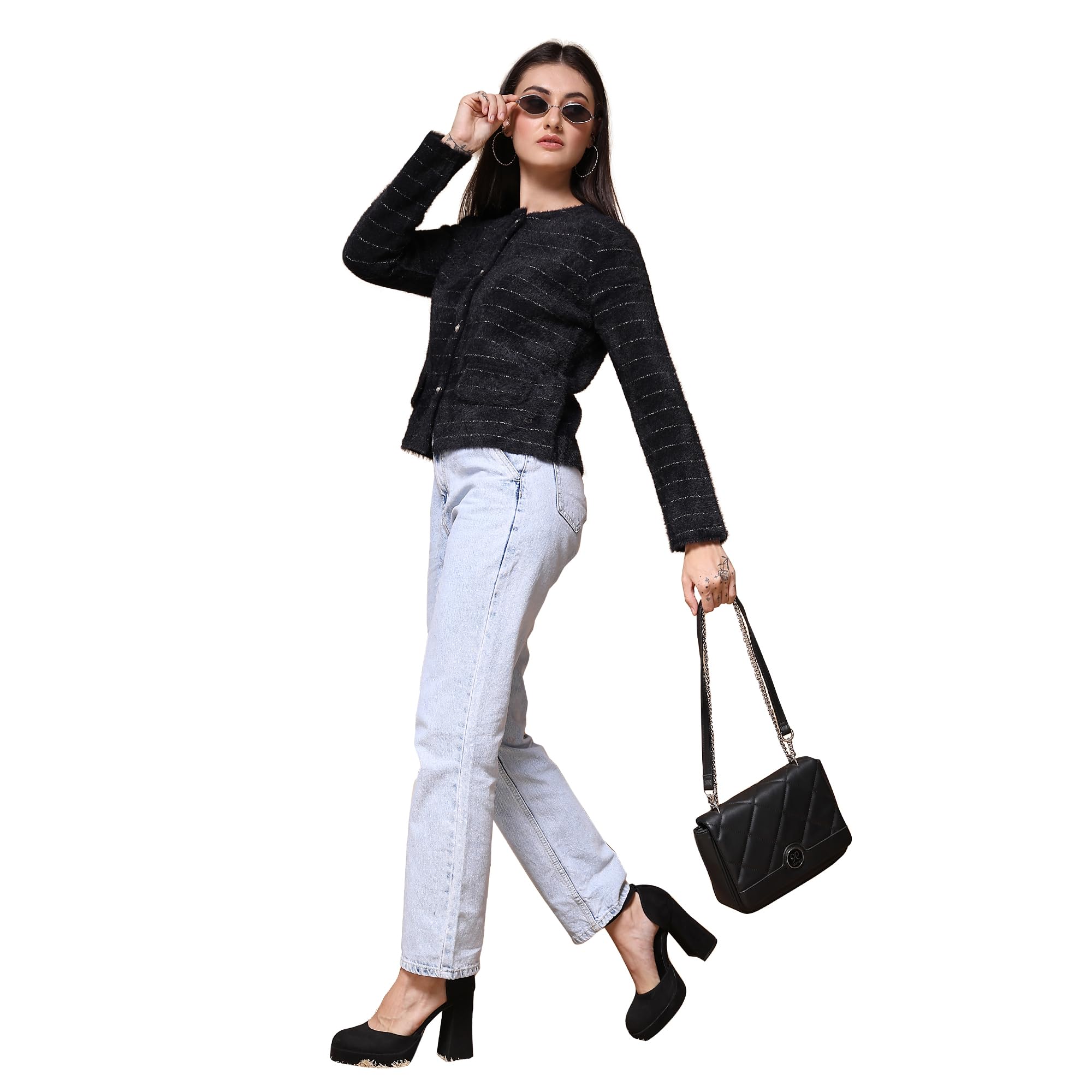 thirty threads Women Striped Cardigan Sweaters Black_T5W 25117-picture-24