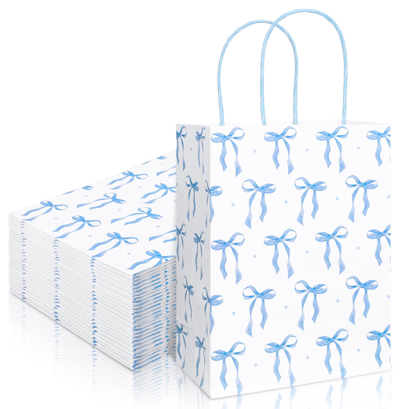 Whaline 24Pcs Coquette Bow Bags with Handles Lovely Blue Bowknot Paper Gift Candy Treat Bag Grocery Shopping Bags for Wedding Birthday Baby Bridal