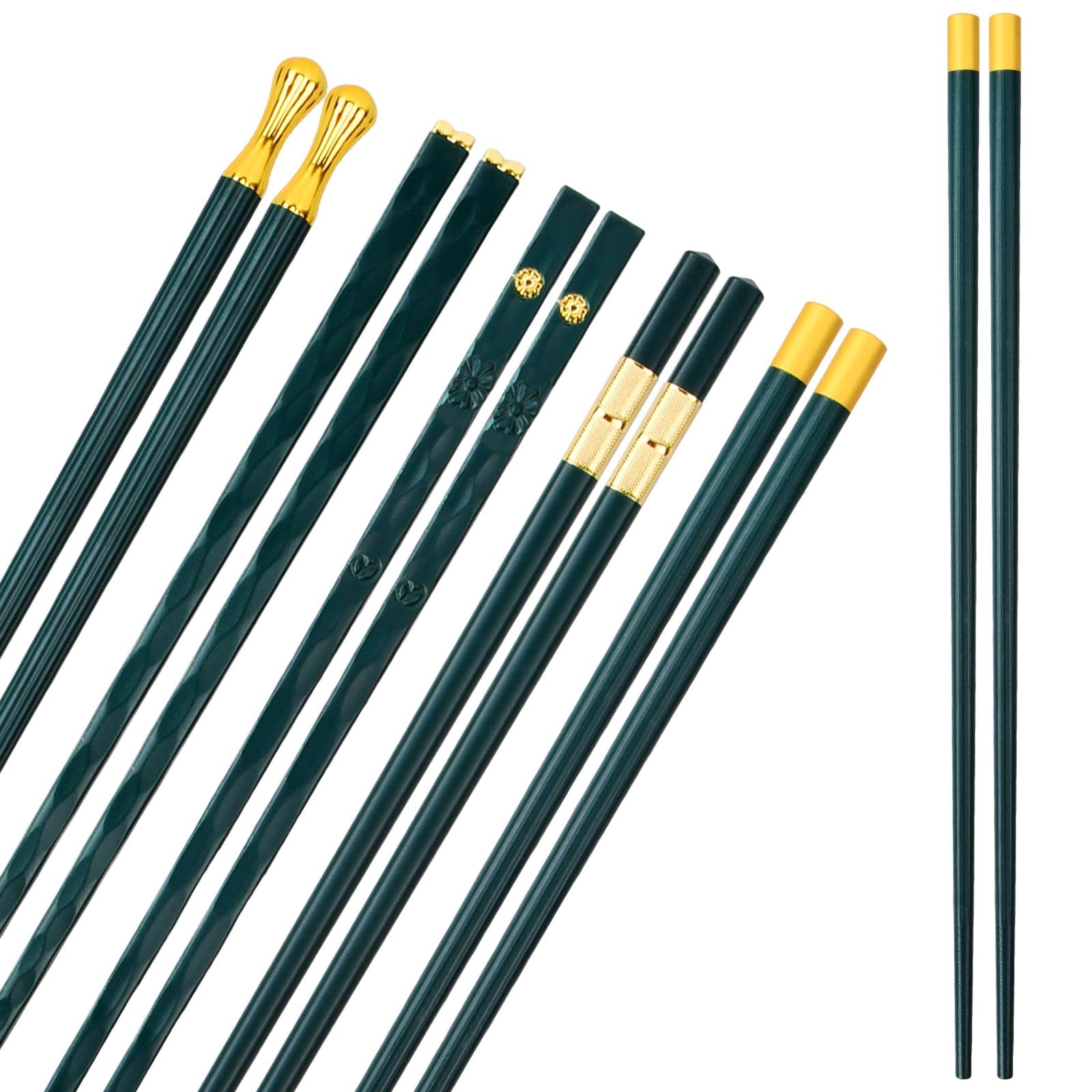 5 Pares Palillos de Fibra de Vidrio Reutilizables, Palillos Chinos de Aleación Japoneses Chinos, Juego de Palillos Antideslizantes, 24,3 cm, para Platos Asiáticos Sushi Restaurante Cocina (Verde)
