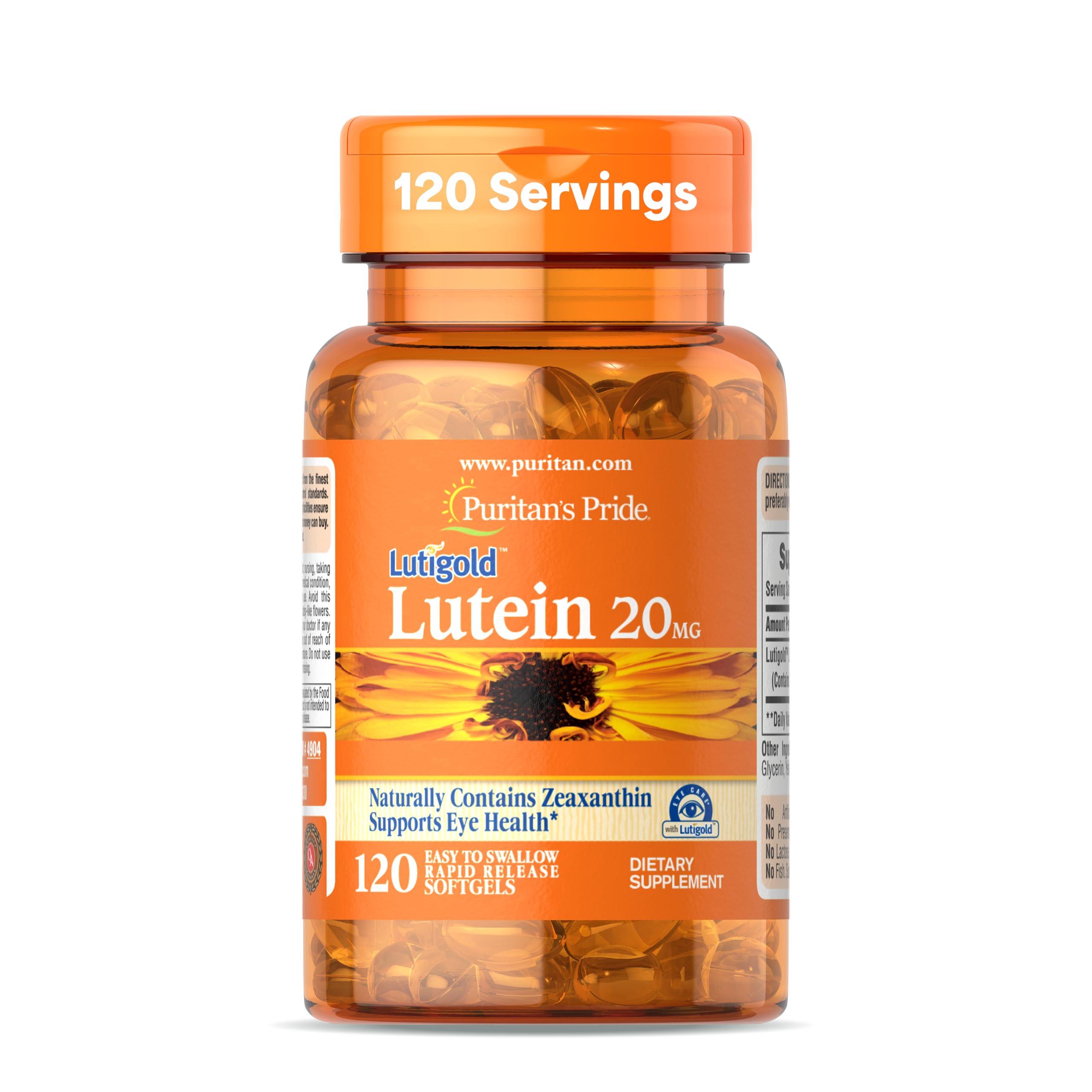 Puritan's Pride Premium Lutigold™ Lutein Carotenoid 20mg with Zeaxanthin for Men and Women, Dietary Supplement for Eye Health Support, 8 Month Supply, 120 Easy-to-Swallow Softgels