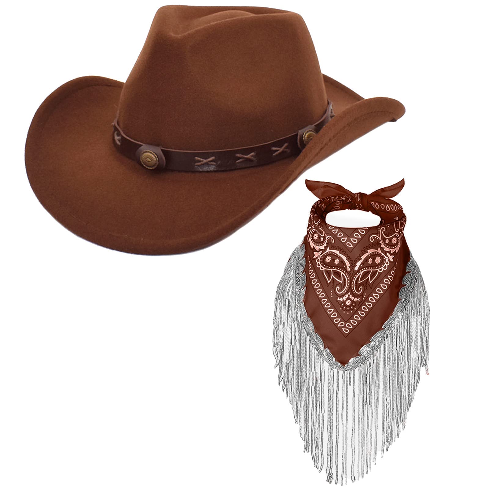 Erogeen Cowboy Hat with Fringed Bandana Set for Women Wide Brim Western Cowgirl Hat Paisley Head Wrap Scarf (Coffee)