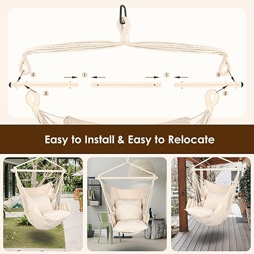 Vista 31 de Highwild Silla colgante de cuerda para cualquier espacio interior o exterior, capacidad de peso de 500 libras (beige)
