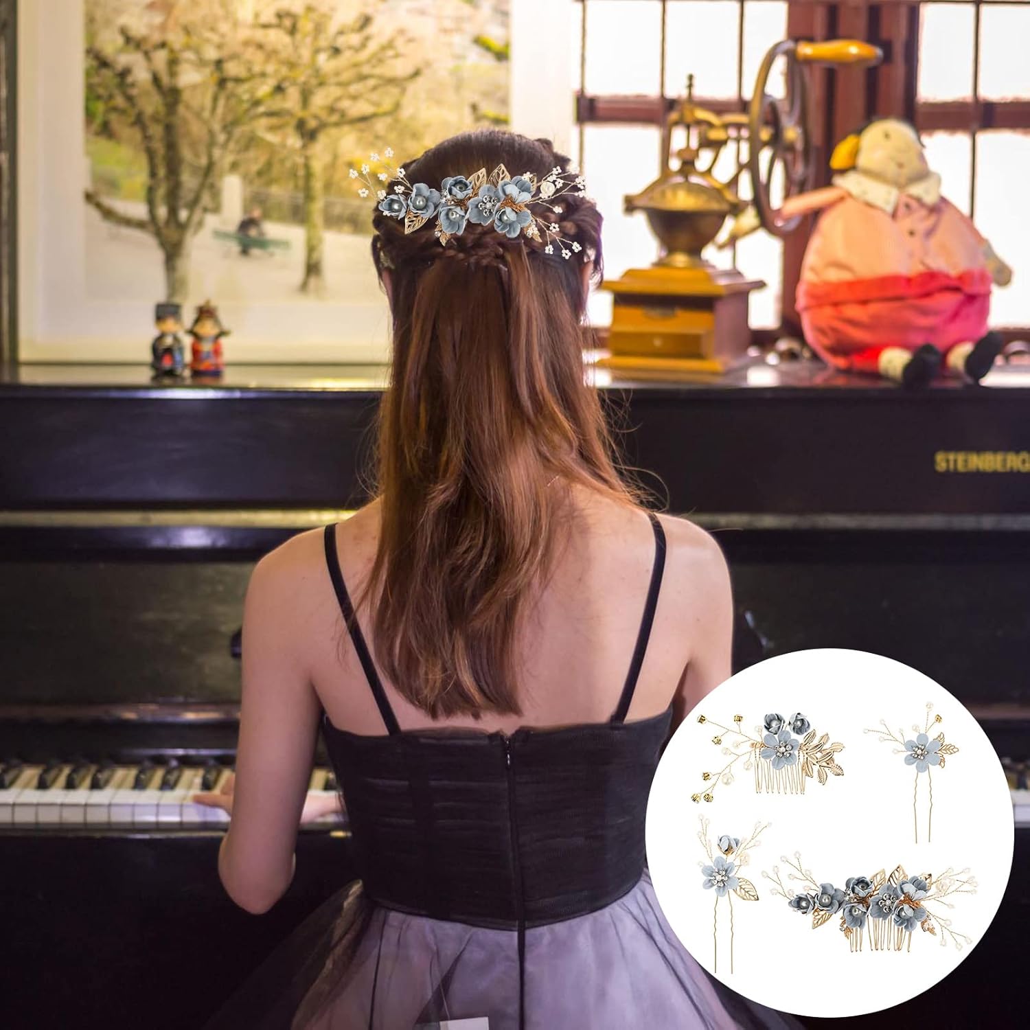 NUOBESTY 4Pcs Wedding Hair Clip Comb Handmade Bridal HairClip Pearl Floral Leaf Hair Accessories for Women Wedding (Blue)
