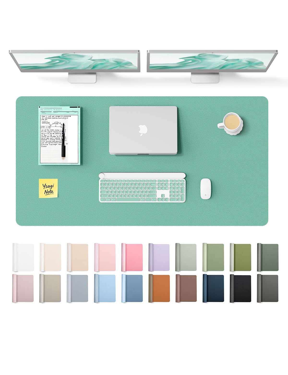 YSAGi Leather Desk Protector, Office Mat, Large Mouse Mat, Non-Slip PU Leather Blotter, Laptop Desk Pad, Waterproof Writing Pad for Office and Home (Green-Blue, 47.2" x 23.6") Green-blue 47.2" x 23.6"