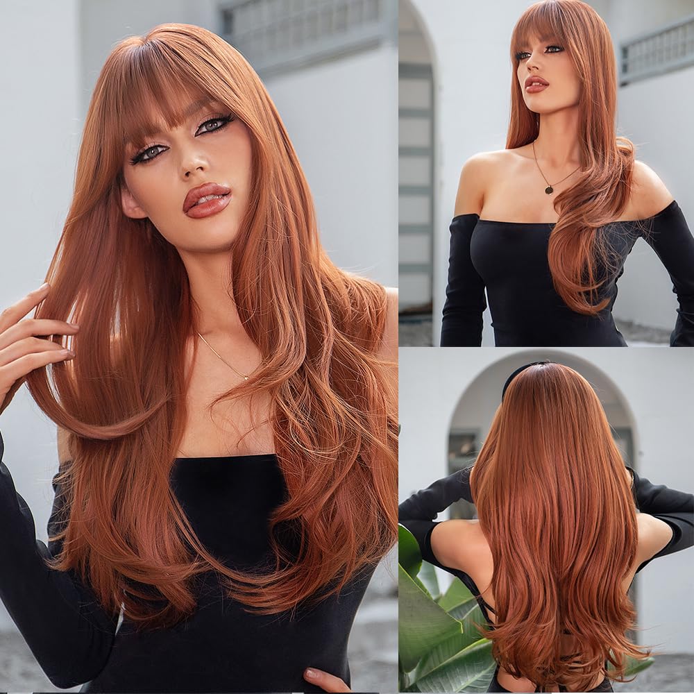 Auburn Long Wig with Bangs for Women – 26 Inches Natural Wavy Heat Resistant Synthetic Hair Wig with Black Headband, Cosplay Daily Wear Red Brown Wig Style 5