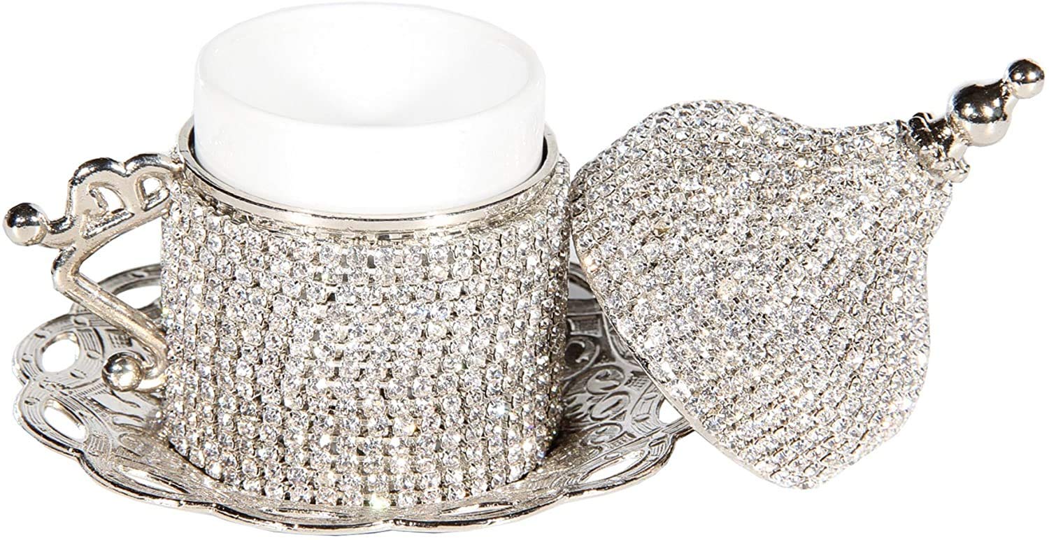 2 X Turkish Coffee Espresso Cup with Inner Porcelain, Metal Holder, Saucer and Lid and decorated with silver stones