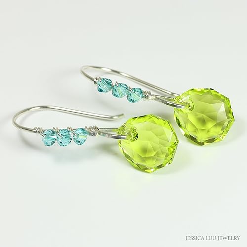 Miniatura 2 de Jessica Luu Jewelry Sterling Silver Chartreuse Green Earrings Wire Wrapped Citrus Crystal Handmade