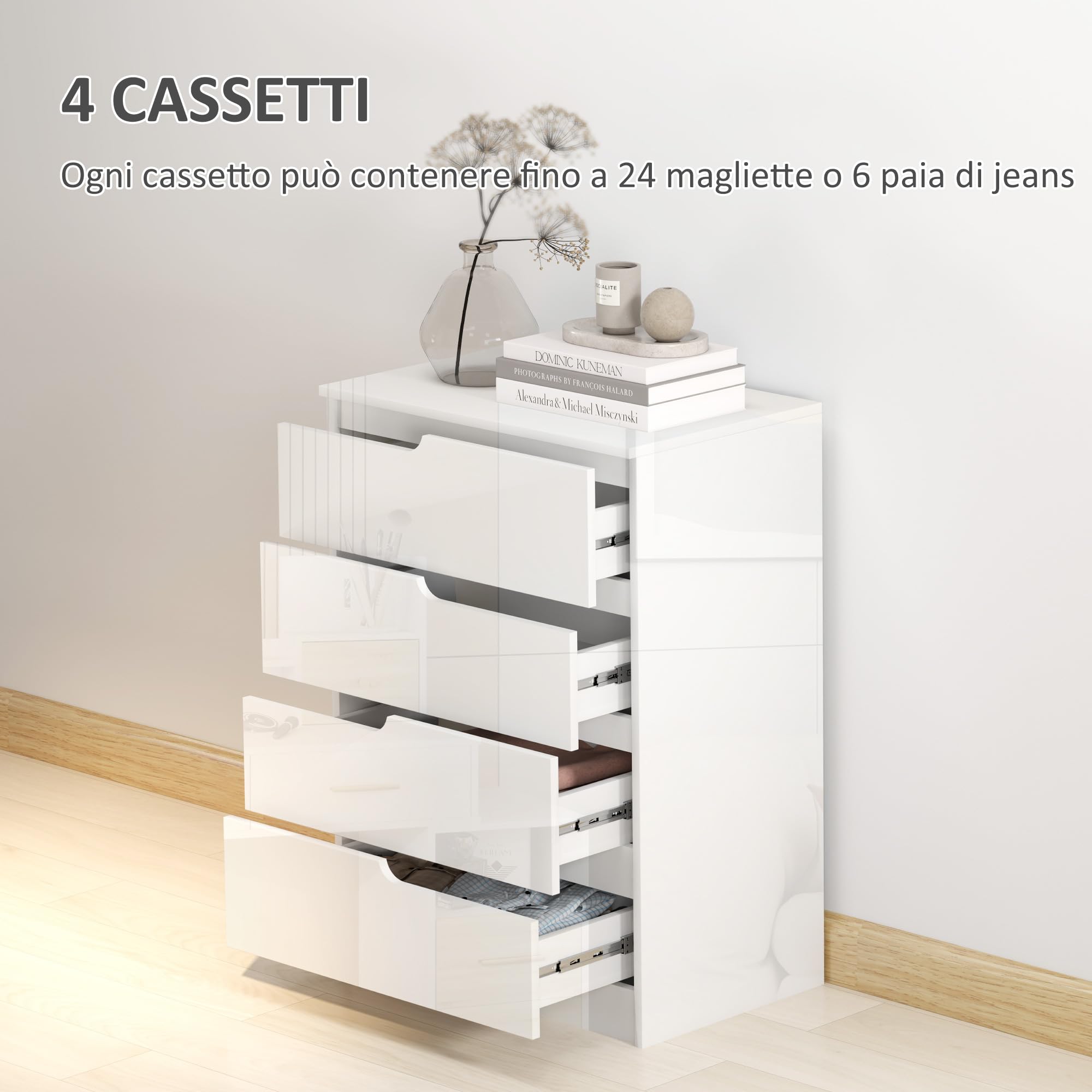 HOMCOM Cassettiera Camera da Letto con 4 Cassetti, Comò Camera da Letto in Legno, per Soggiorno Corridoio Ingresso, 60x40x85 cm, Bianco Lucido