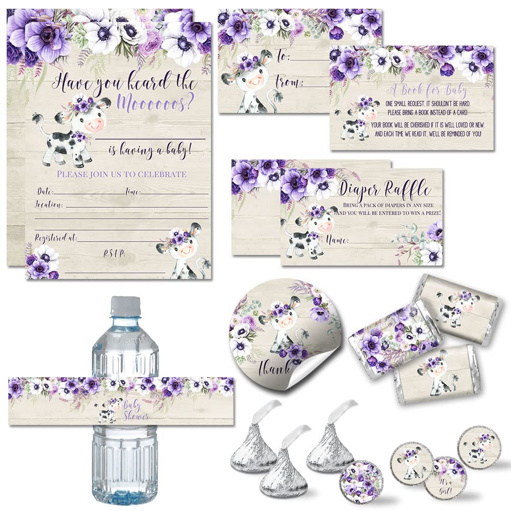 Amanda Creation Watercolor Purple Floral Cow Baby Shower Party Bundle Includes 20 Invitations with Envelopes + 4 Different Sizes of Decorative