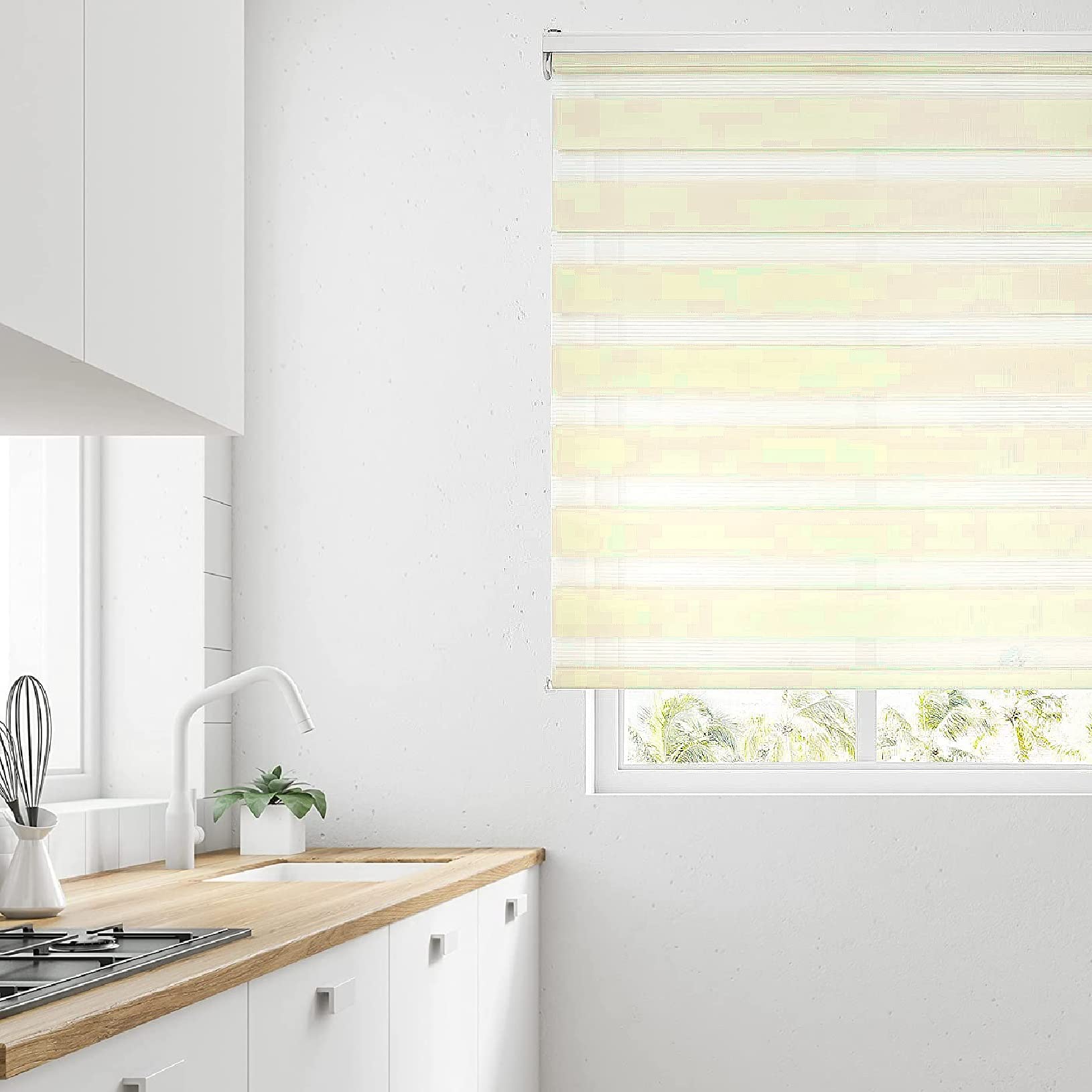 Persianas opacas enrollables de tela impermeable con mecanismo de cadena ajustable para baño y oficina, color beige, día y noche, 95 x 320 cm