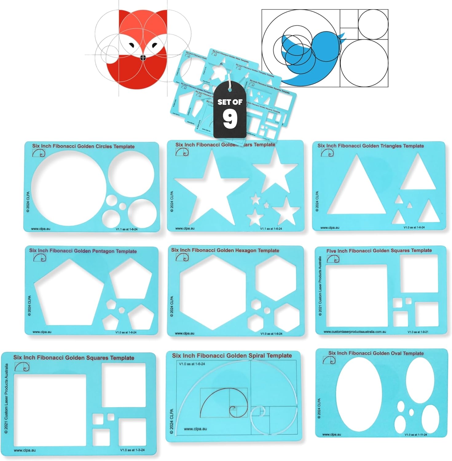 Fibonacci Full Template Set — 9 Pieces | 6" Circle, Triangle, Square, Star, Pentagon, Hexagon, Spiral, Oval | Complete Golden Ratio Drawing Tool Kit | Clear PETG | Made in Australia