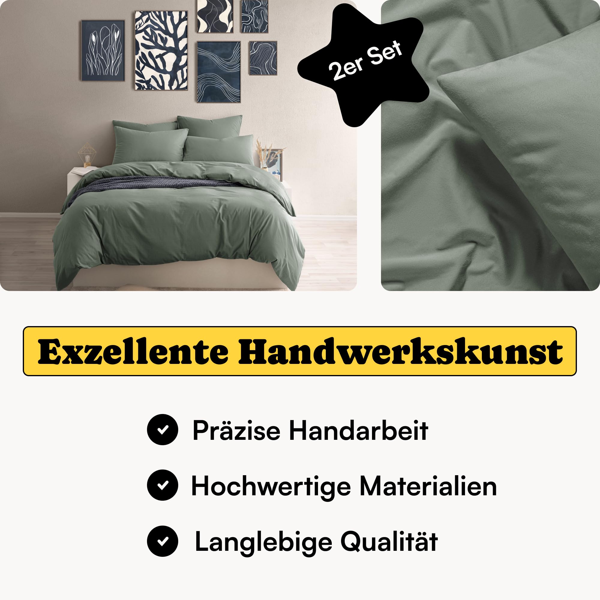 Juego de 2 fundas de almohada de 80 x 80 cm, color verde (2 unidades), 100 % algodón de percal (cepillado), certificado Oeko-Tex, transpirable, 80 x 80 cm, funda de almohada con cremallera,
