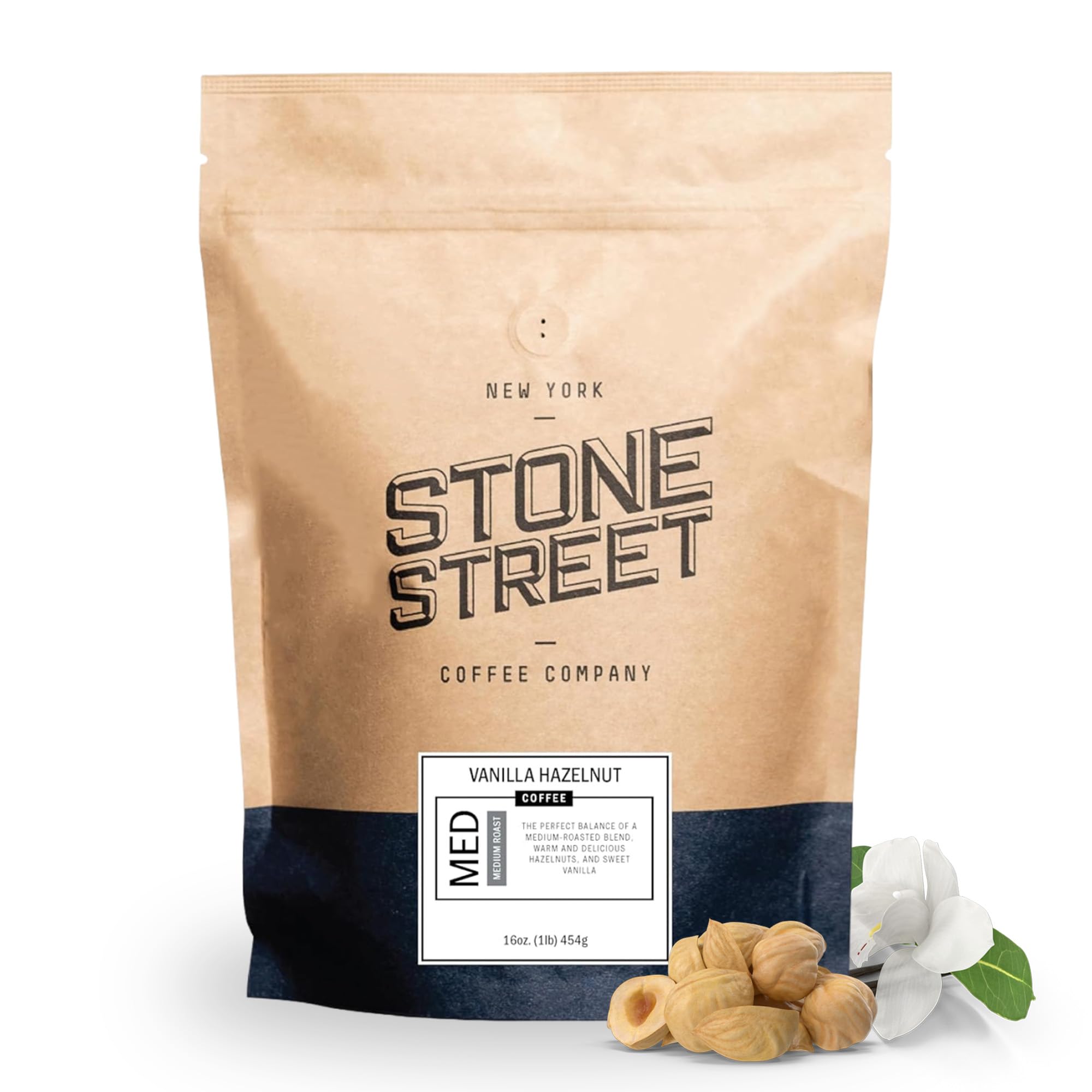 Stone Street Flavored Ground Coffee, Vanilla Hazelnut, Freshly Roasted, 100% Colombian Arabica, Gourmet Coffee, Medium Roast, 1 LB