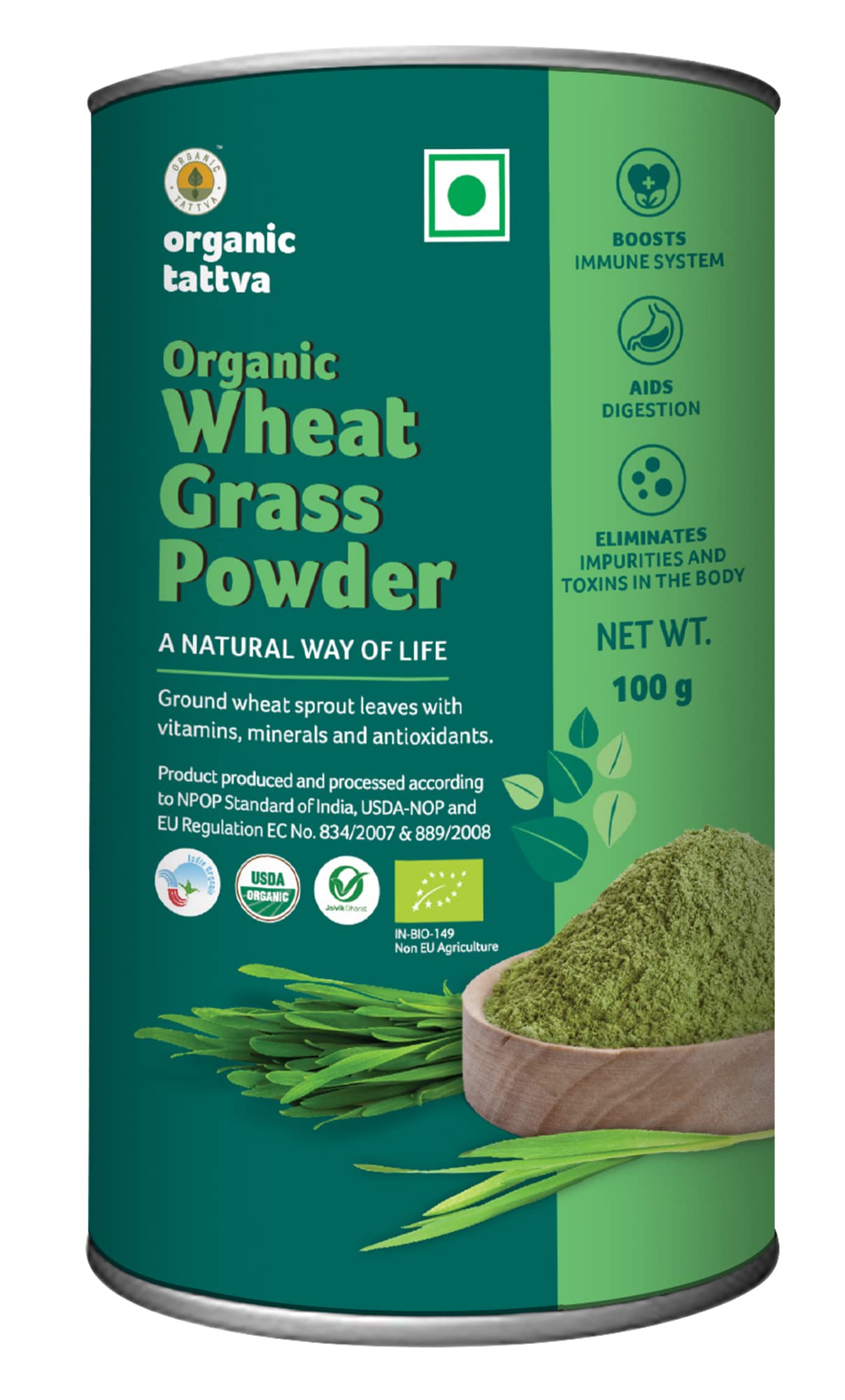Organic Tattva Wheat Grass Powder, 100g Tin | Immunity Boosting and Naturally Detoxifying Superfood | Supports Healthy Metabolism | Pesticide and Chemical Free