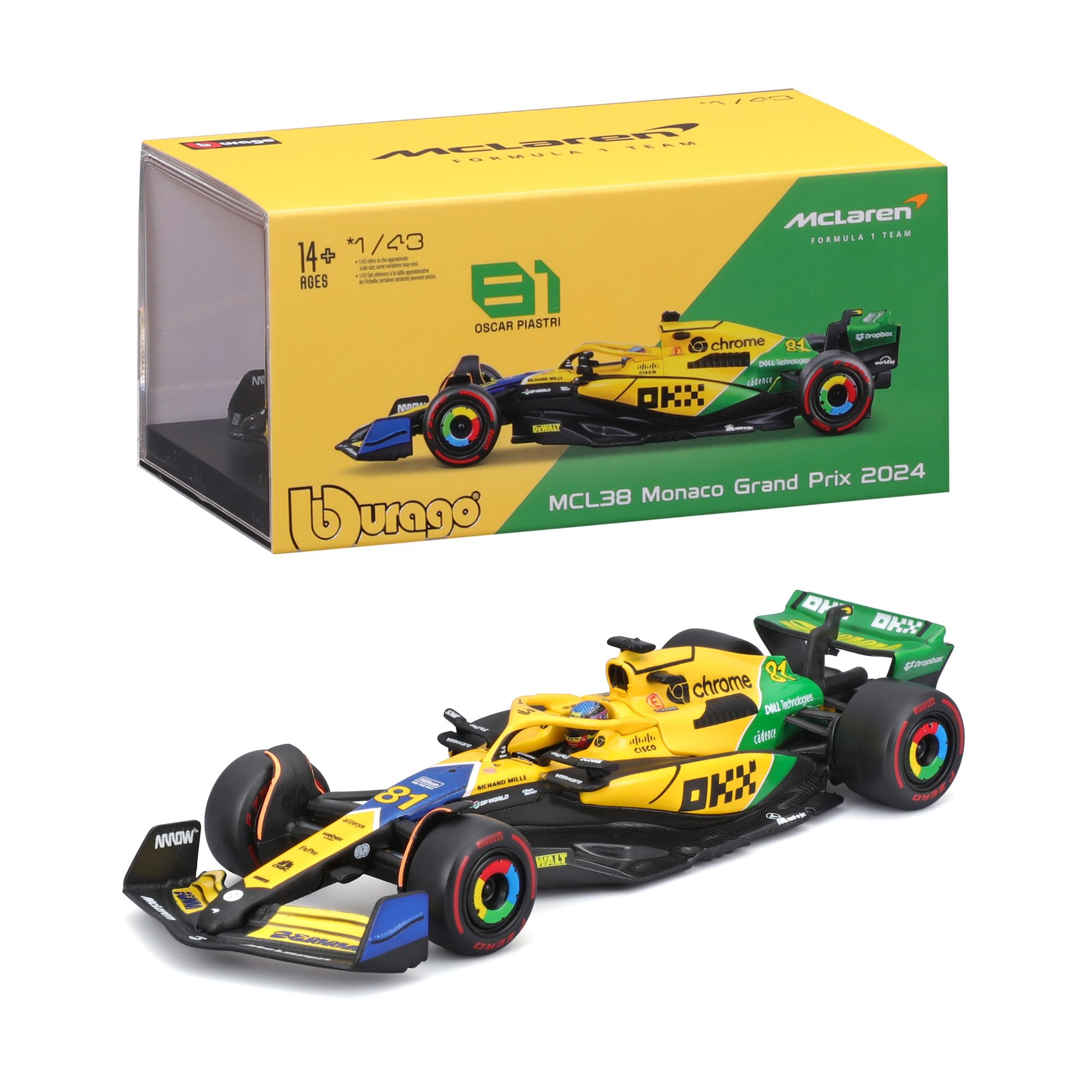 Bburago F1 Mclaren MCL38 2024 With Norris Helmet Senna Livery 1:43 Scale Model