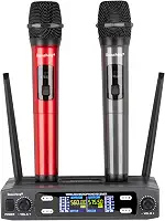 Depusheng Sistema de microfone sem fio, conjunto sem fio de frequência dupla fixa VHF com 2 transmissores dinâmicos portáteis conjunto de microfones sem fio para cantar, karaokê, igreja, DJ, alcance