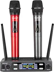 Depusheng Sistema de microfone sem fio, conjunto sem fio de frequência dupla fixa VHF com 2 transmissores dinâmicos portáteis conjunto de microfones sem fio para cantar, karaokê, igreja, DJ, alcance